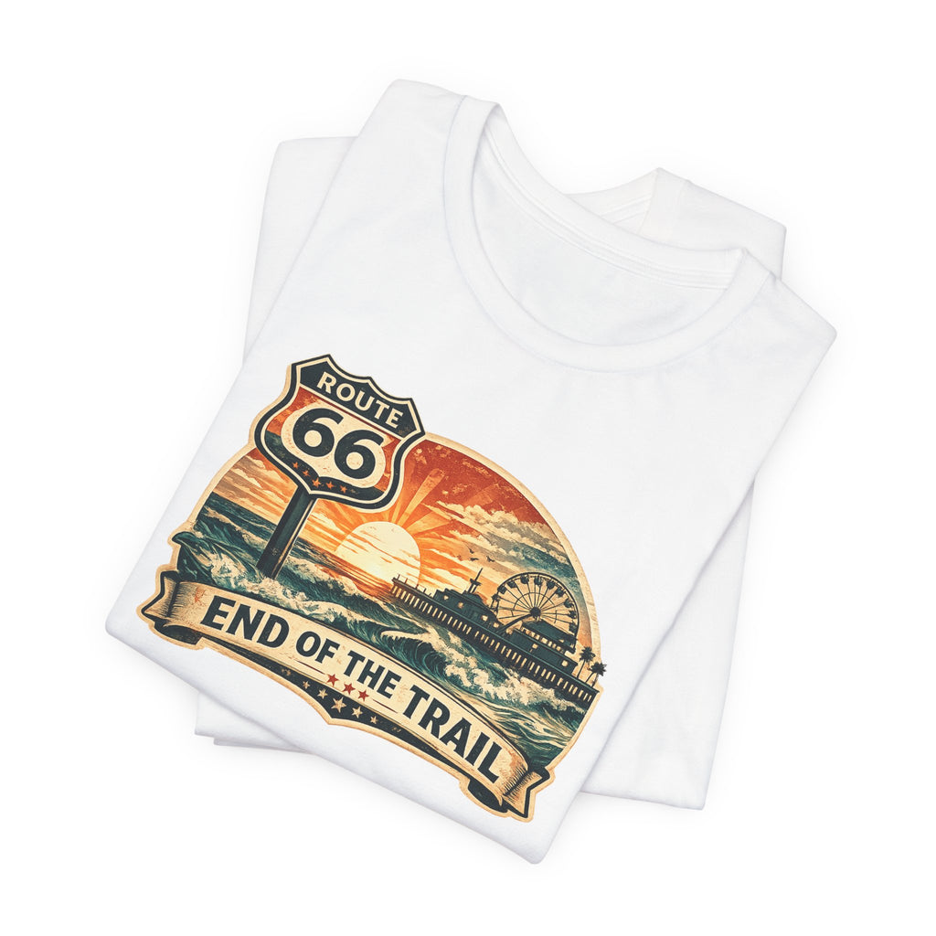 Route 66 End of the Trail T-Shirt, Vintage Americana Sunset Pier Graphic Tee, Retro Coastal Road Trip Shirt