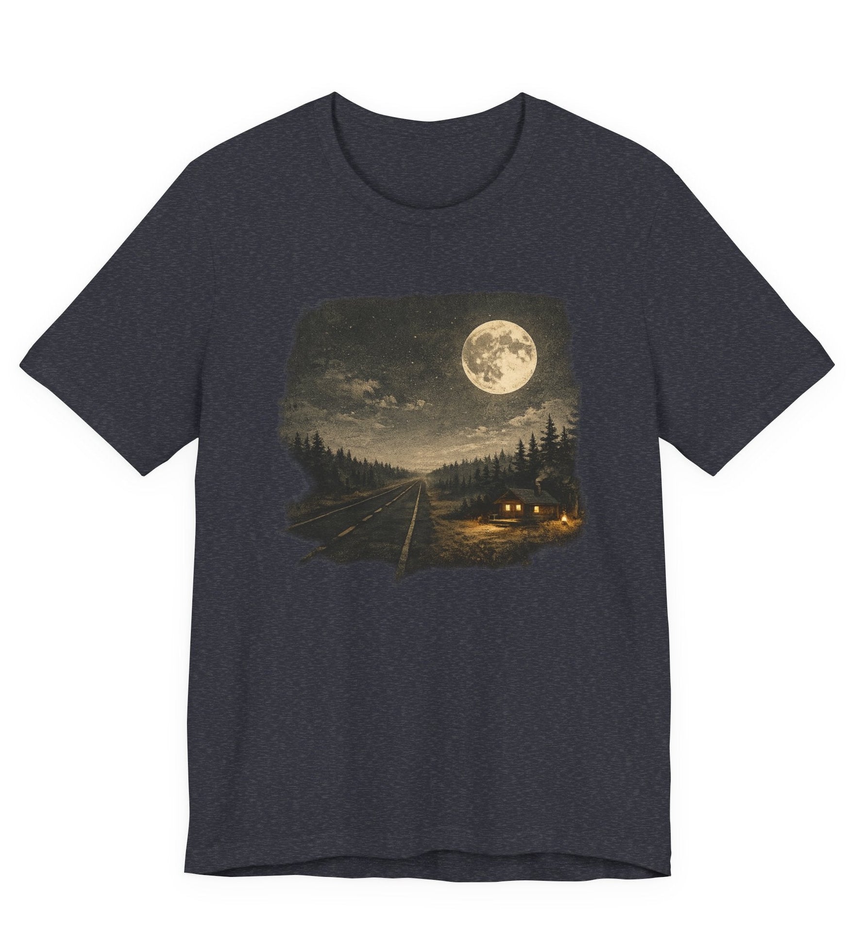 Full Moon Cabin Road T-Shirt, Night Forest Moonlight Scene