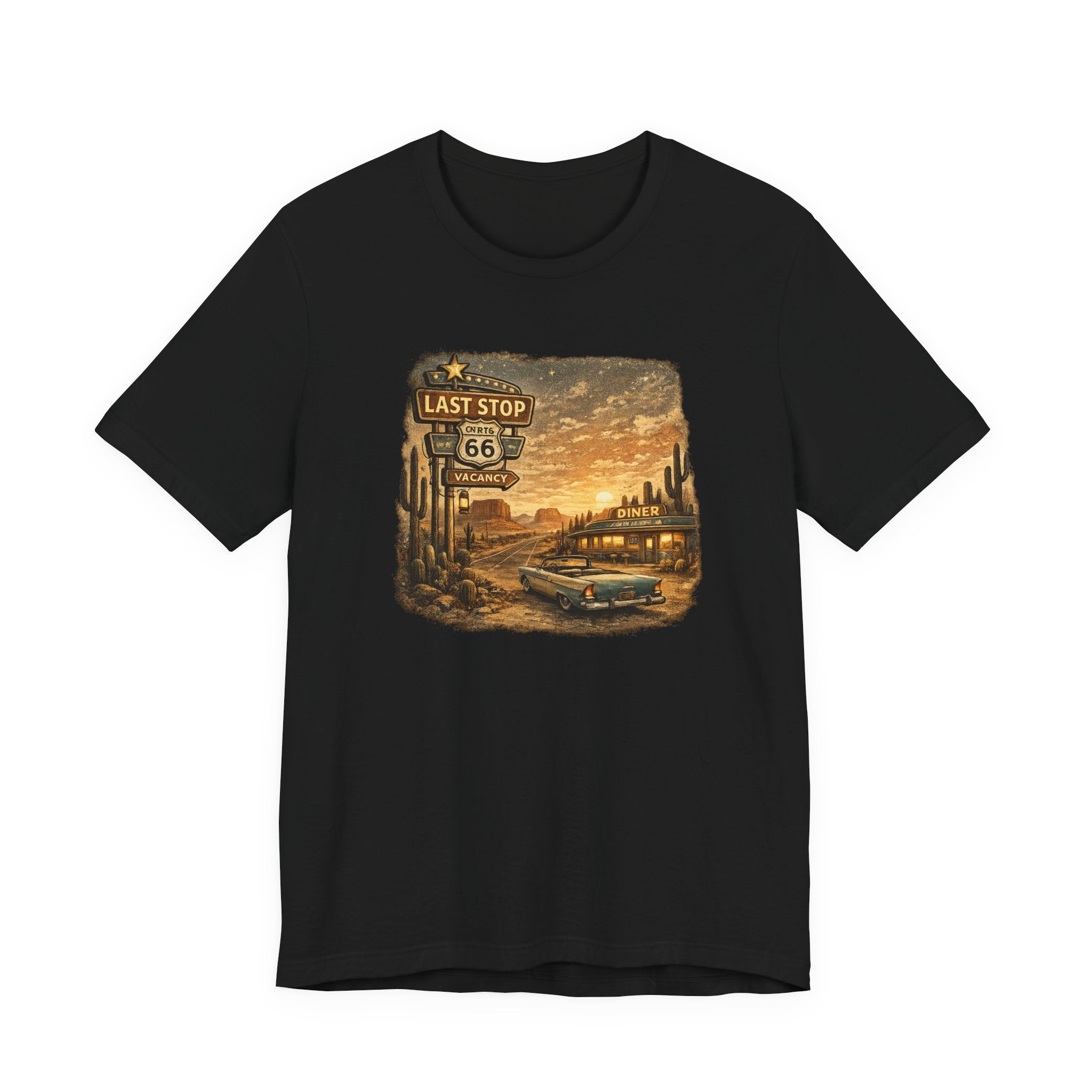 Route 66 Last Stop, T-Shirt | Desert Sunset Diner Highway Scene