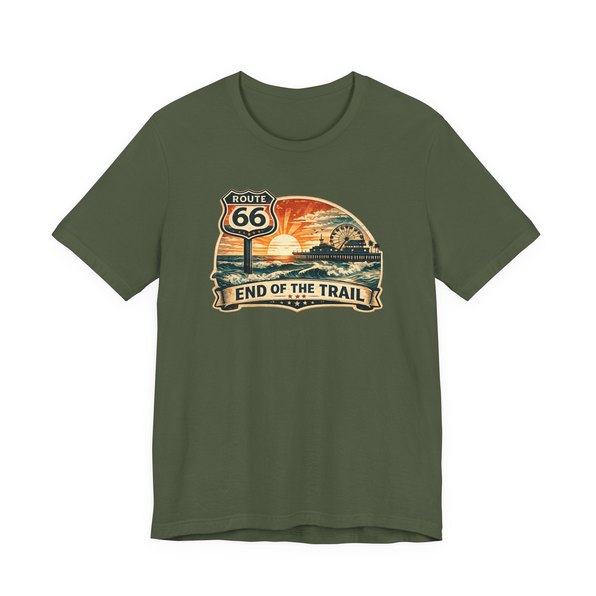 Route 66 End of the Trail T-Shirt, Vintage Americana Sunset Pier Graphic Tee, Retro Coastal Road Trip Shirt