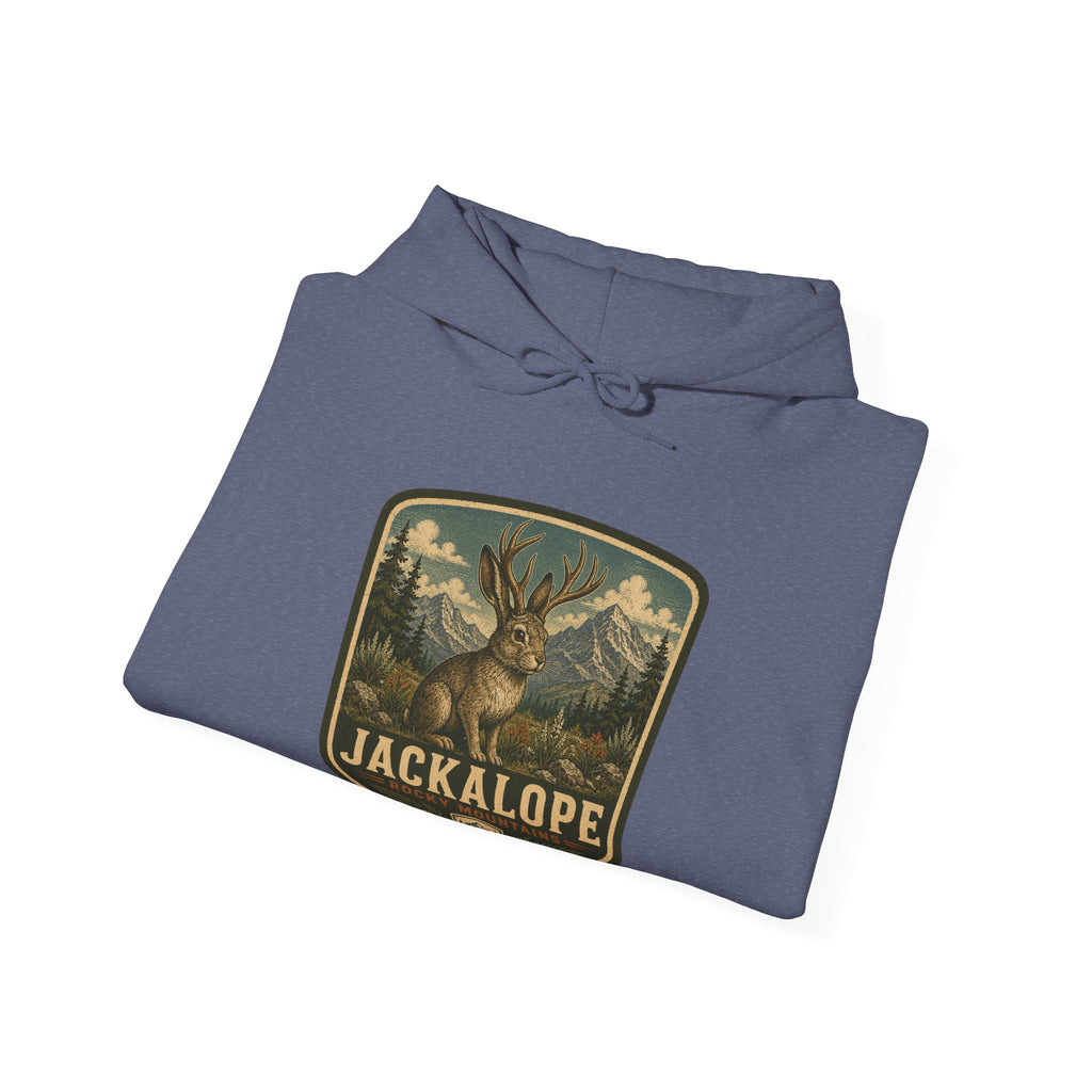 Vintage Jackalope Patch Hoodie, Mountain Wildlife Illustration
