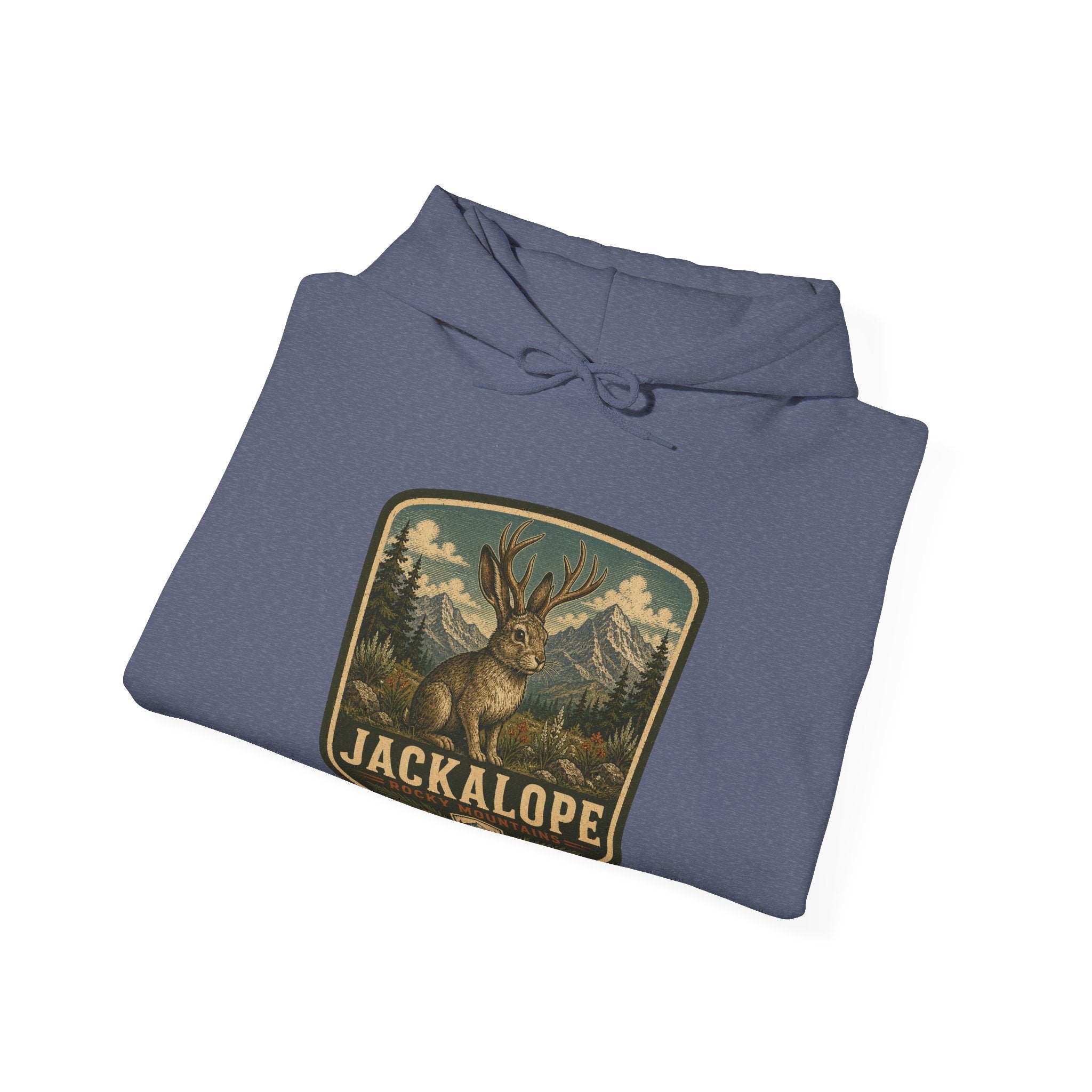 Vintage Jackalope Patch Hoodie, Mountain Wildlife Illustration