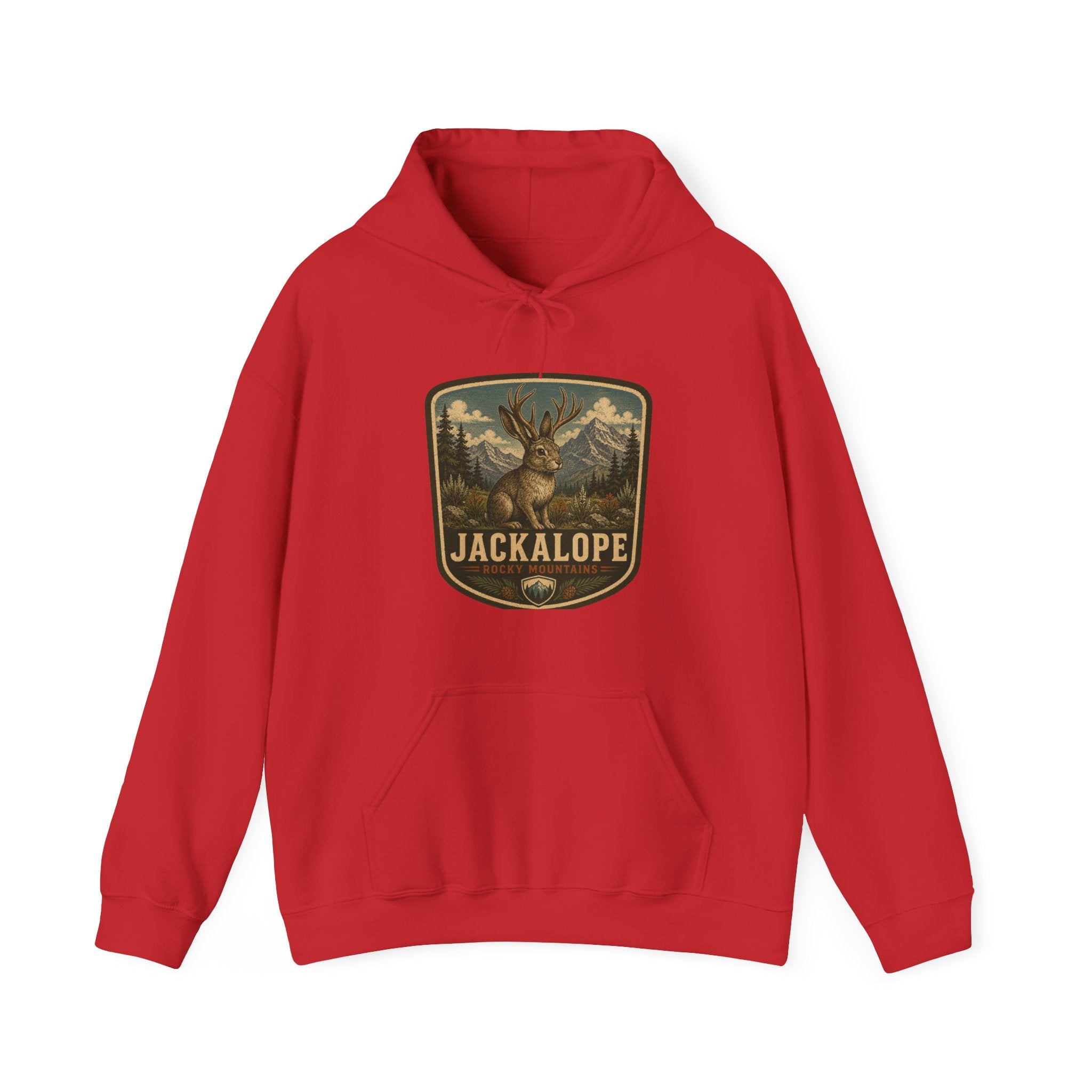 Vintage Jackalope Patch Hoodie, Mountain Wildlife Illustration