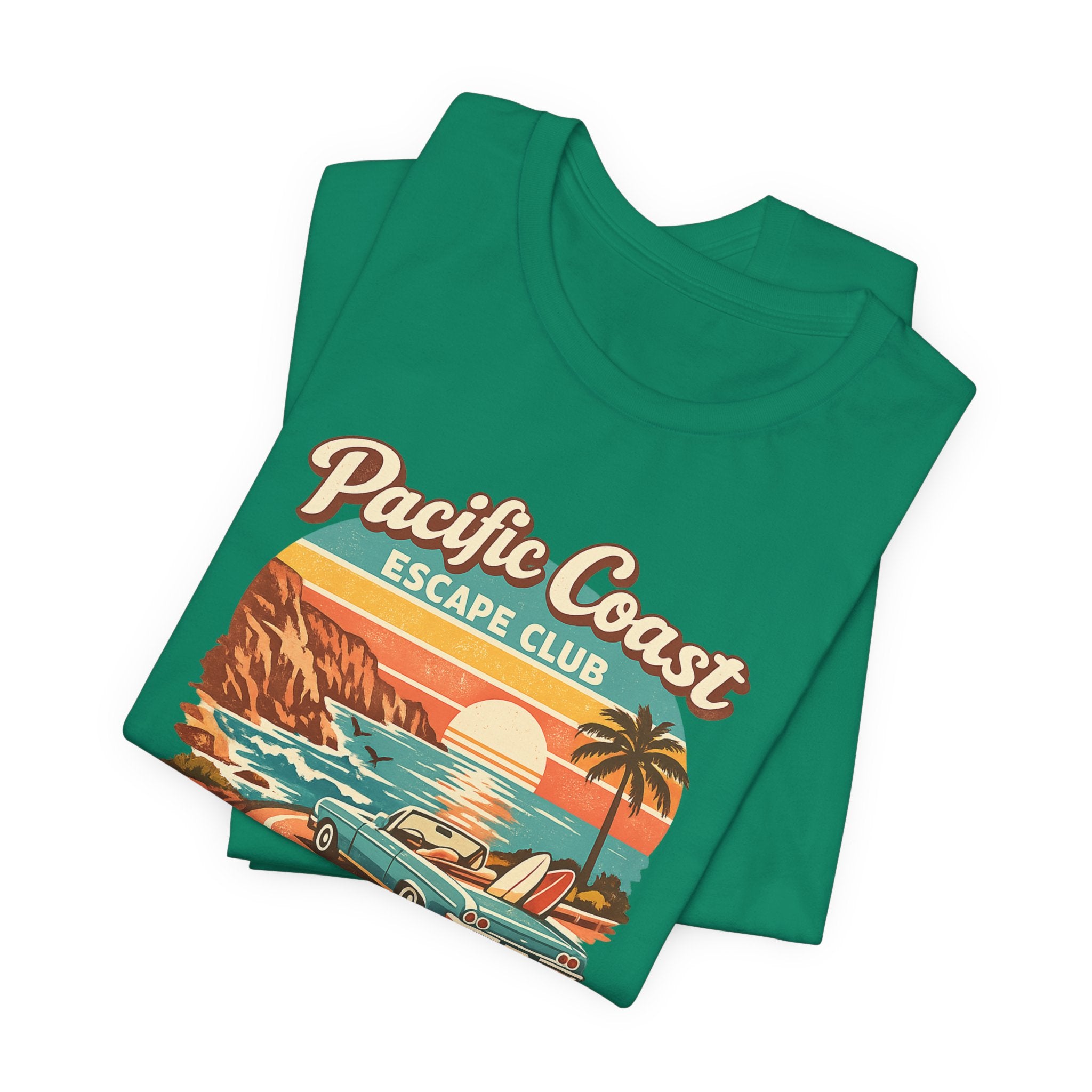 Pacific Coast Escape Club T-Shirt | Vintage Sunset Beach Car Design