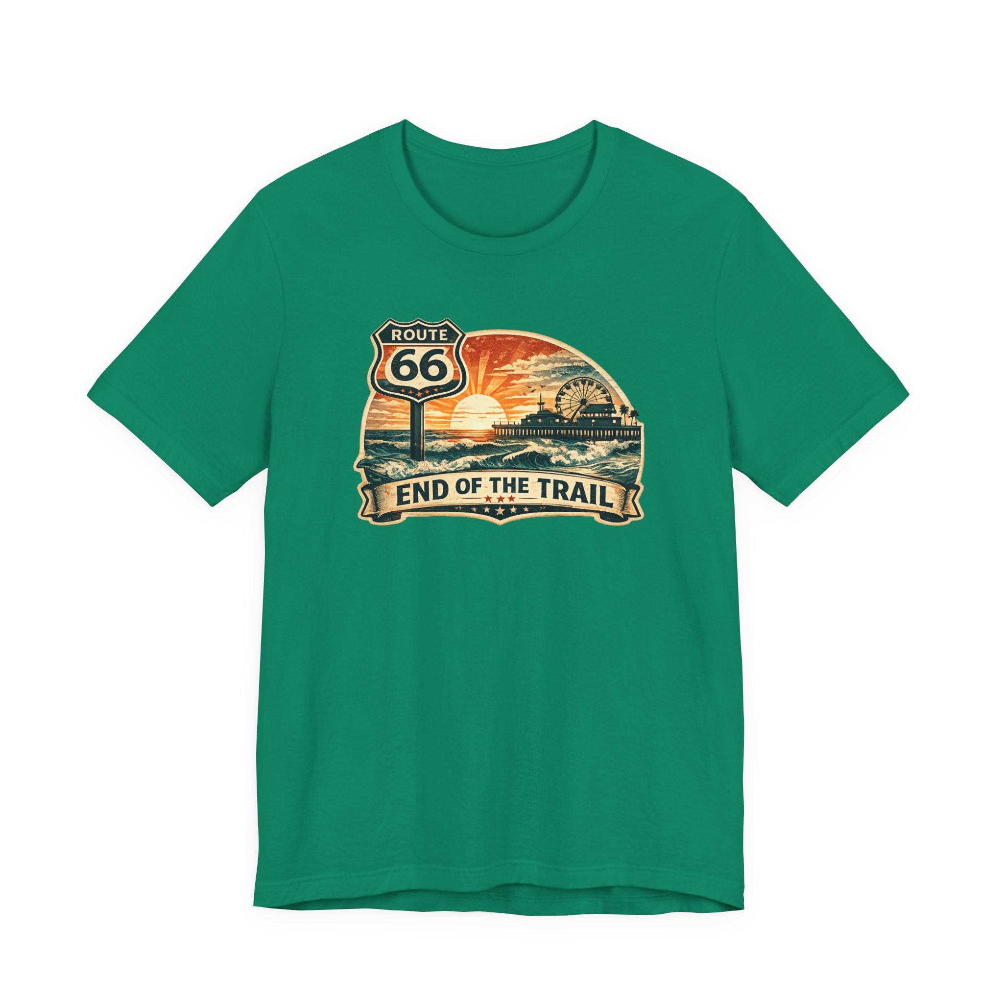 Route 66 End of the Trail T-Shirt, Vintage Americana Sunset Pier Graphic Tee, Retro Coastal Road Trip Shirt