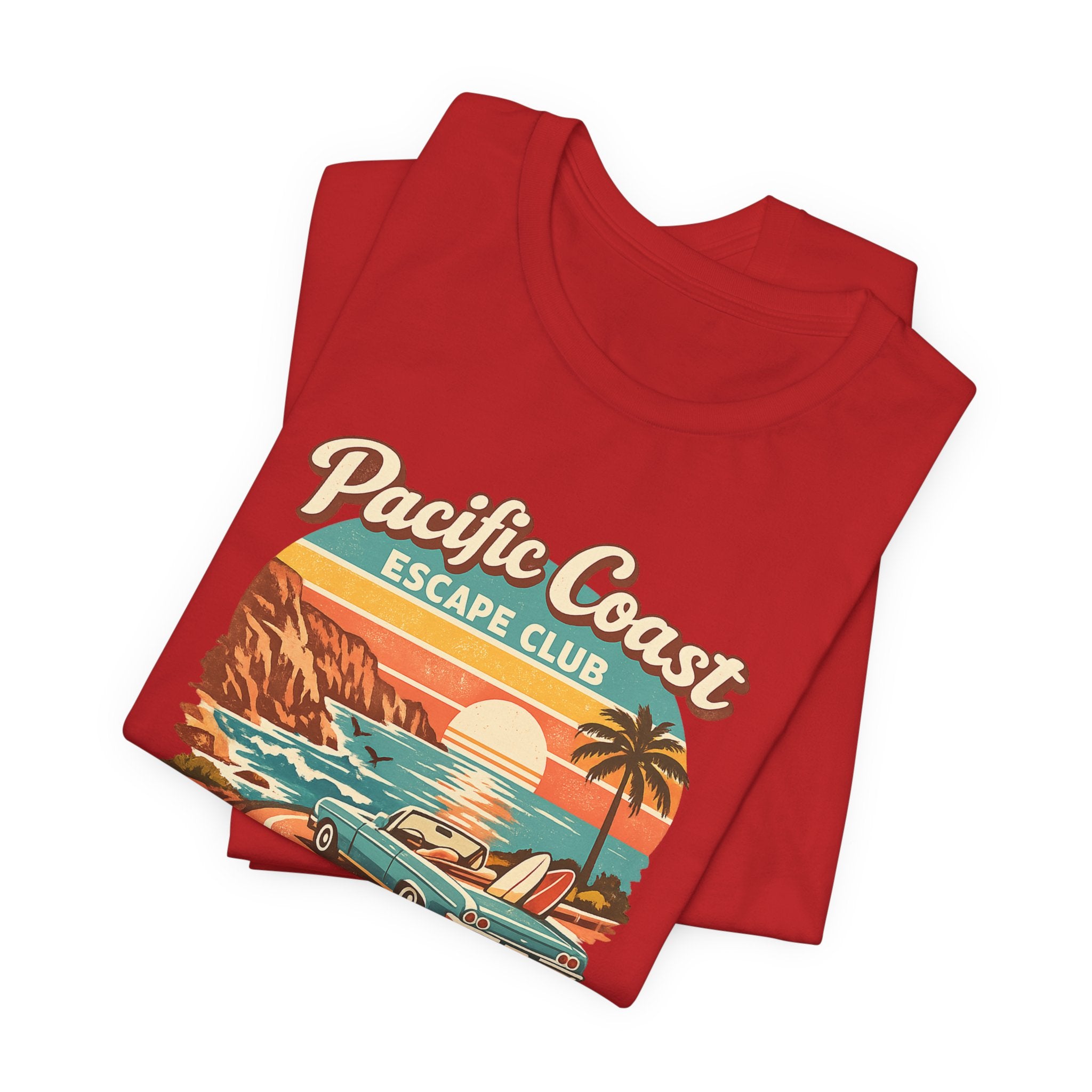 Pacific Coast Escape Club T-Shirt | Vintage Sunset Beach Car Design