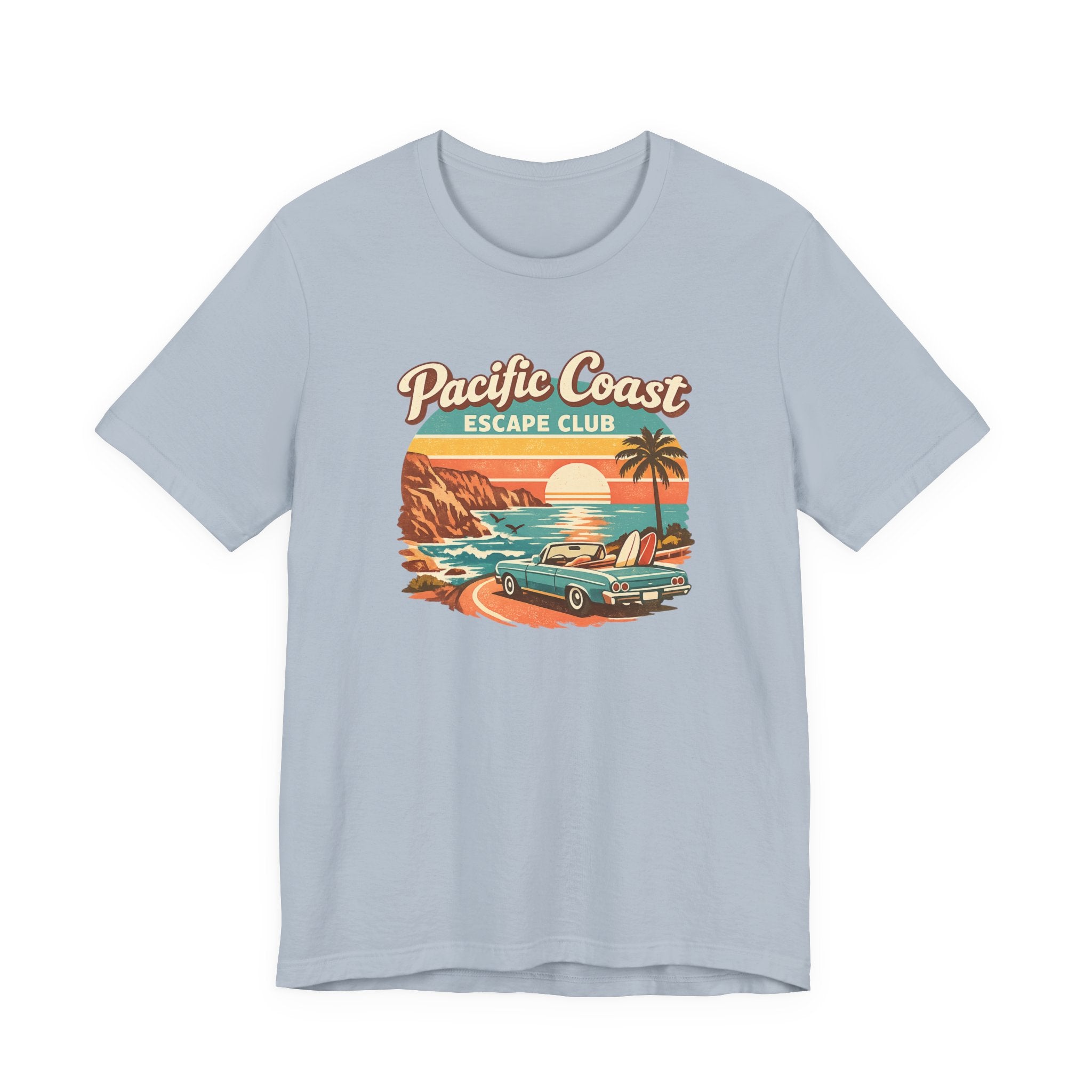 Pacific Coast Escape Club T-Shirt | Vintage Sunset Beach Car Design