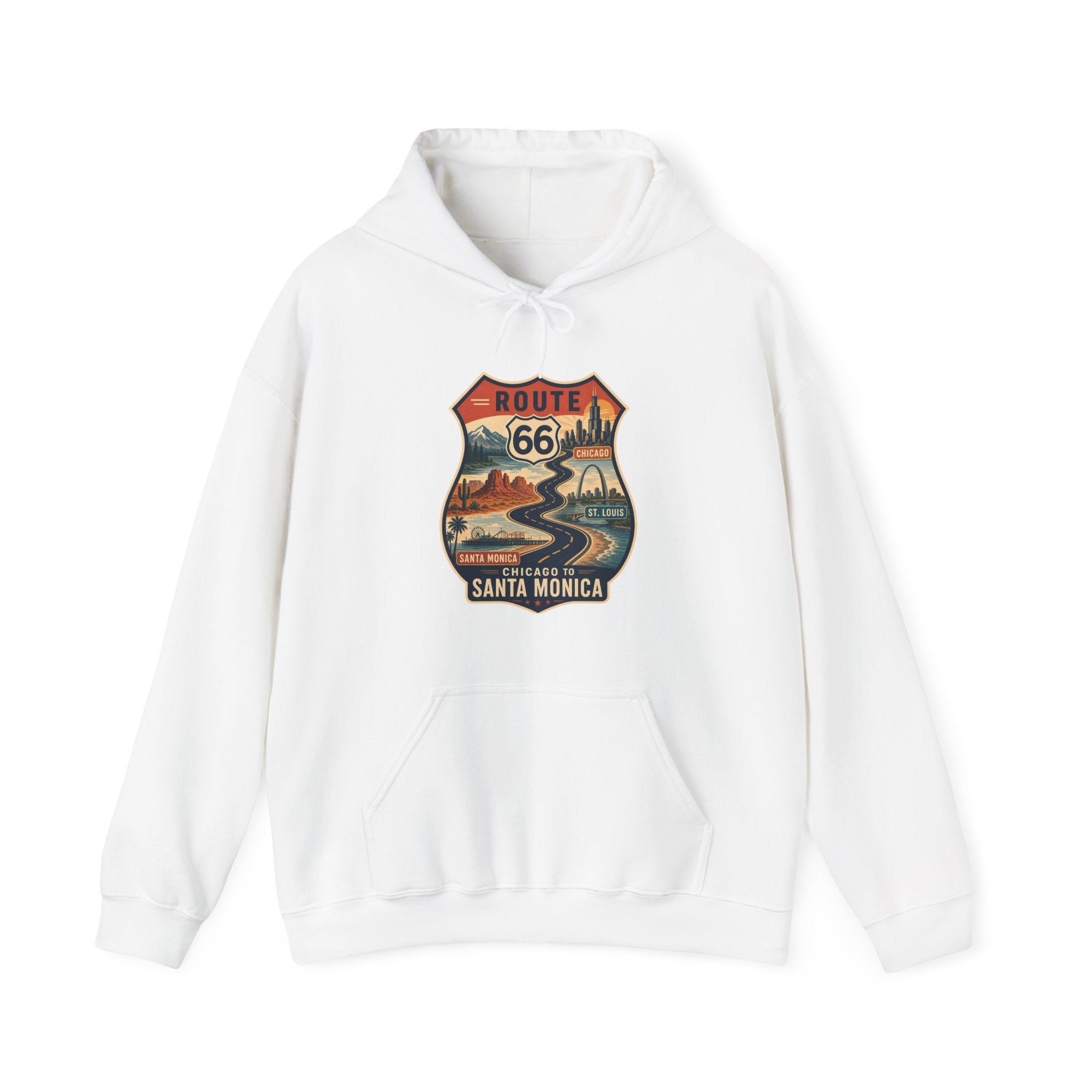 Route 66 Santa Monica Shield hoodie, Vintage road trip graphic