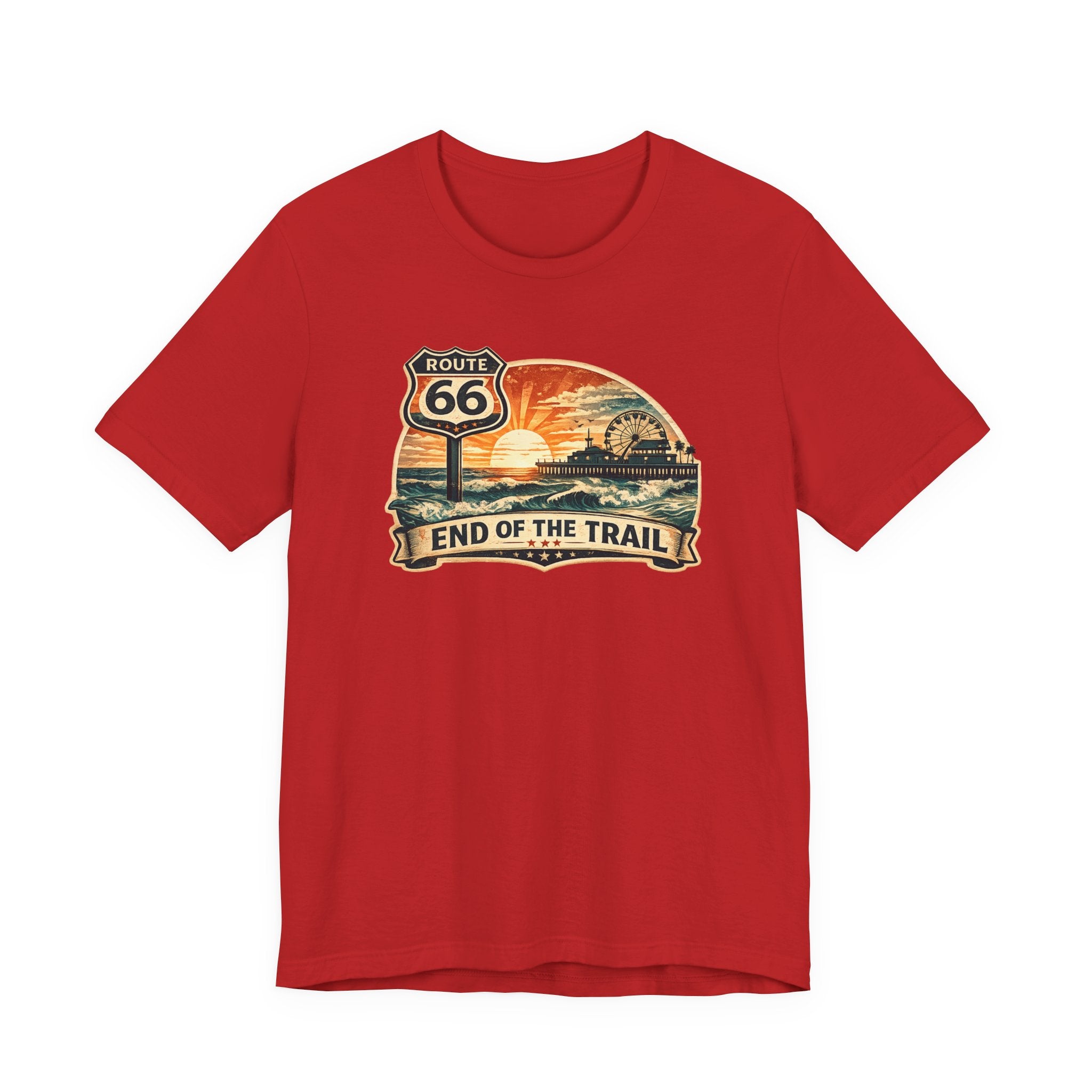 Route 66 End of the Trail T-Shirt, Vintage Americana Sunset Pier Graphic Tee, Retro Coastal Road Trip Shirt