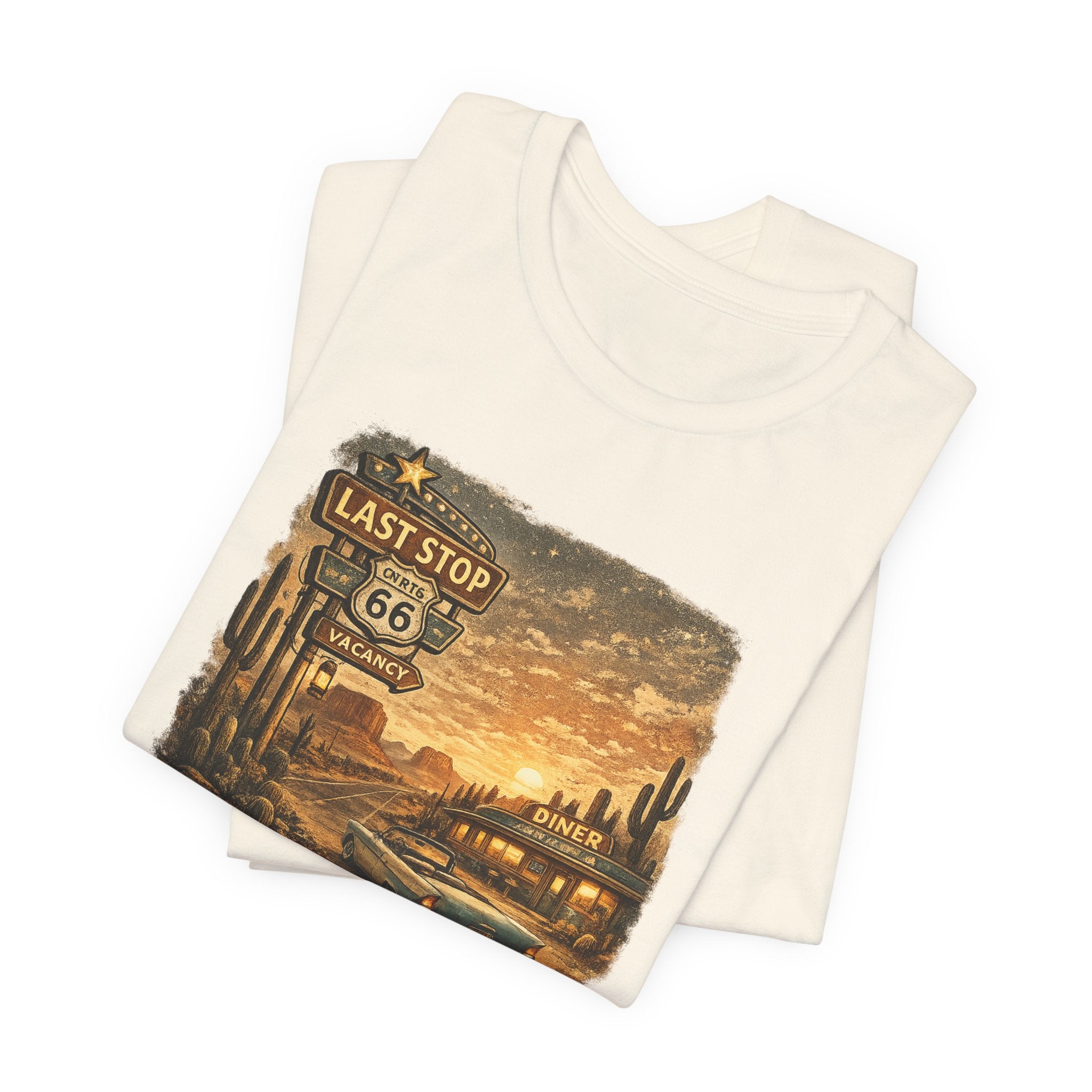 Route 66 Last Stop, T-Shirt | Desert Sunset Diner Highway Scene