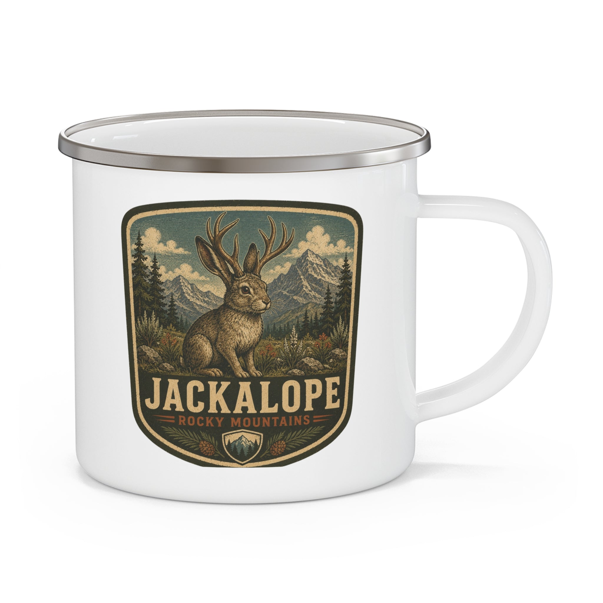 Jackalope Rocky Mountains Enamel Camping Mug | Vintage Wildlife Patch