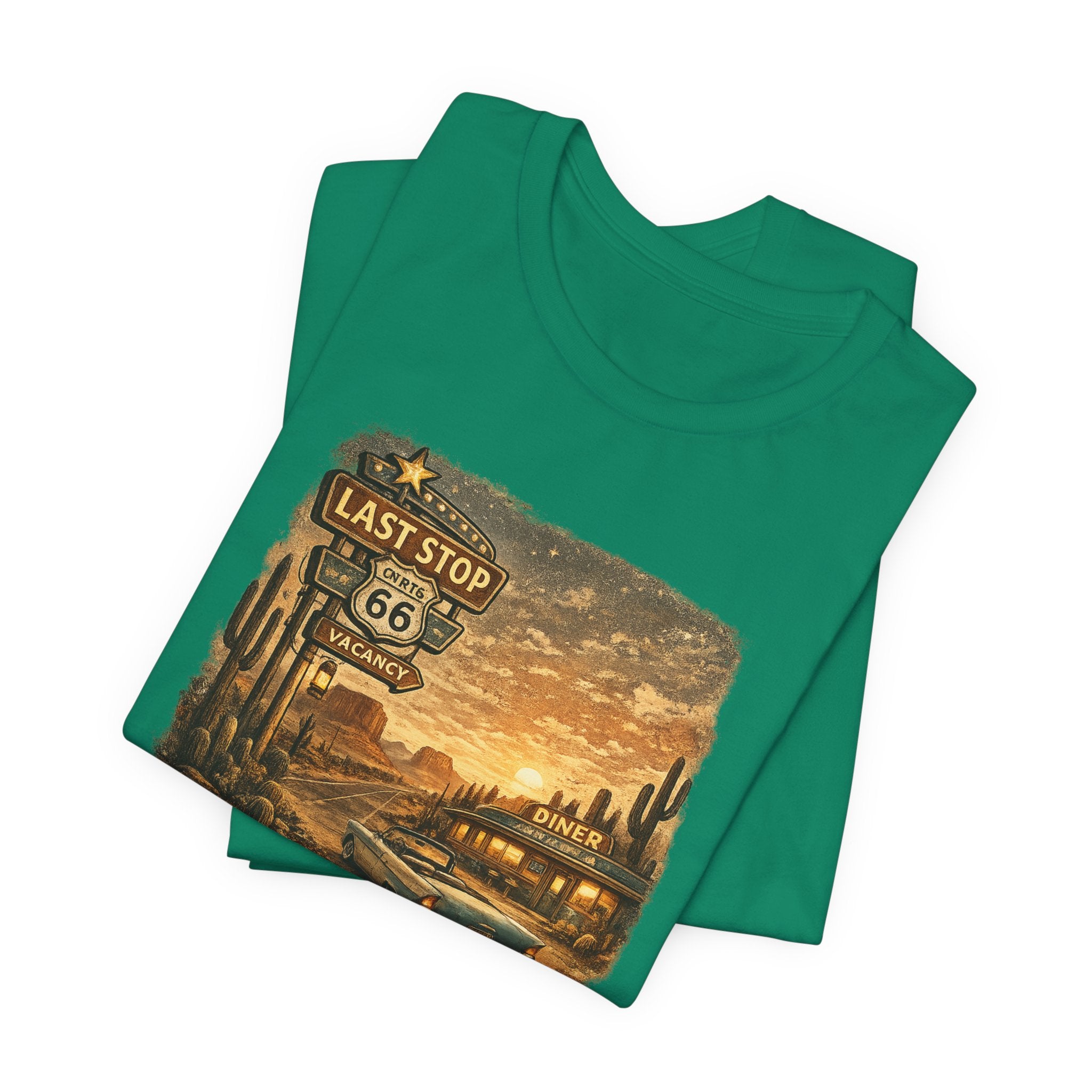 Route 66 Last Stop, T-Shirt | Desert Sunset Diner Highway Scene