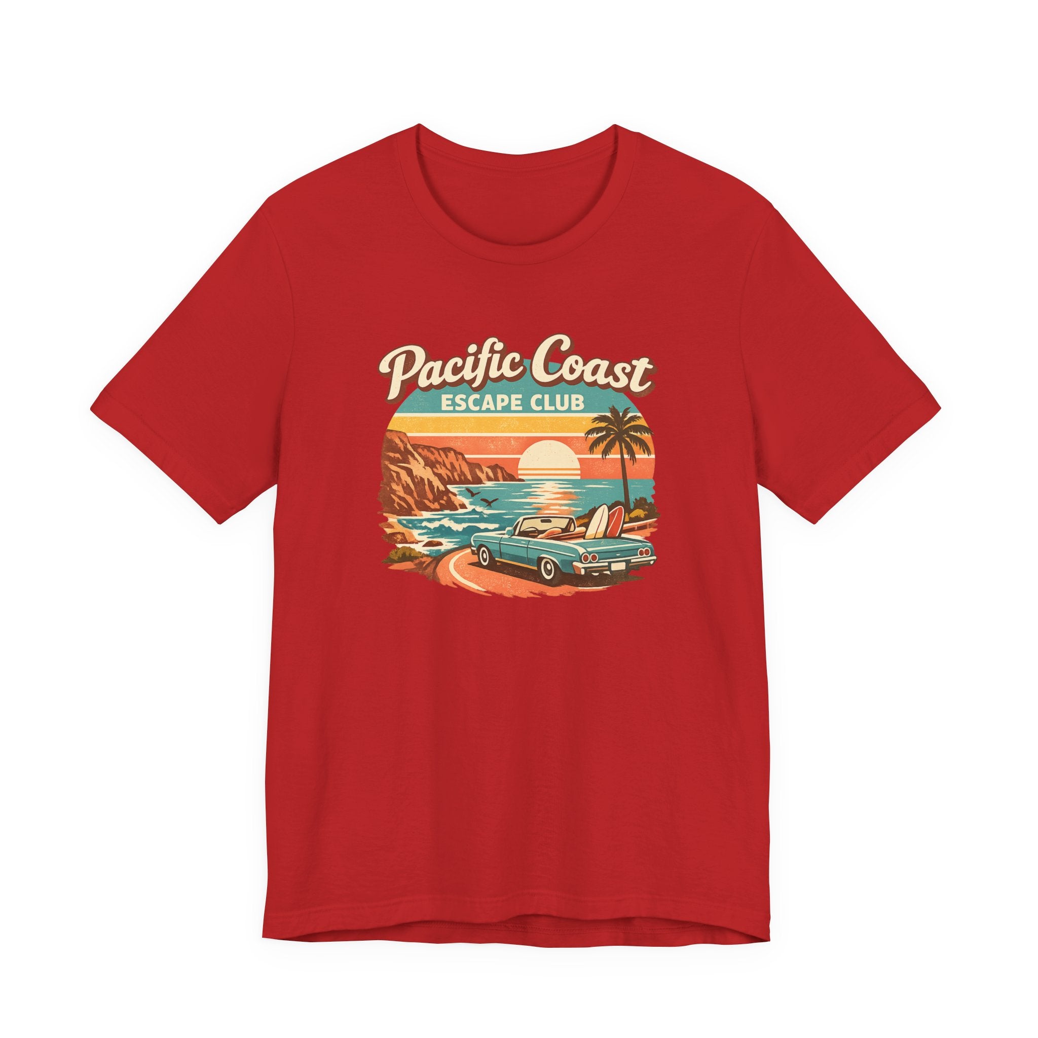 Pacific Coast Escape Club T-Shirt | Vintage Sunset Beach Car Design