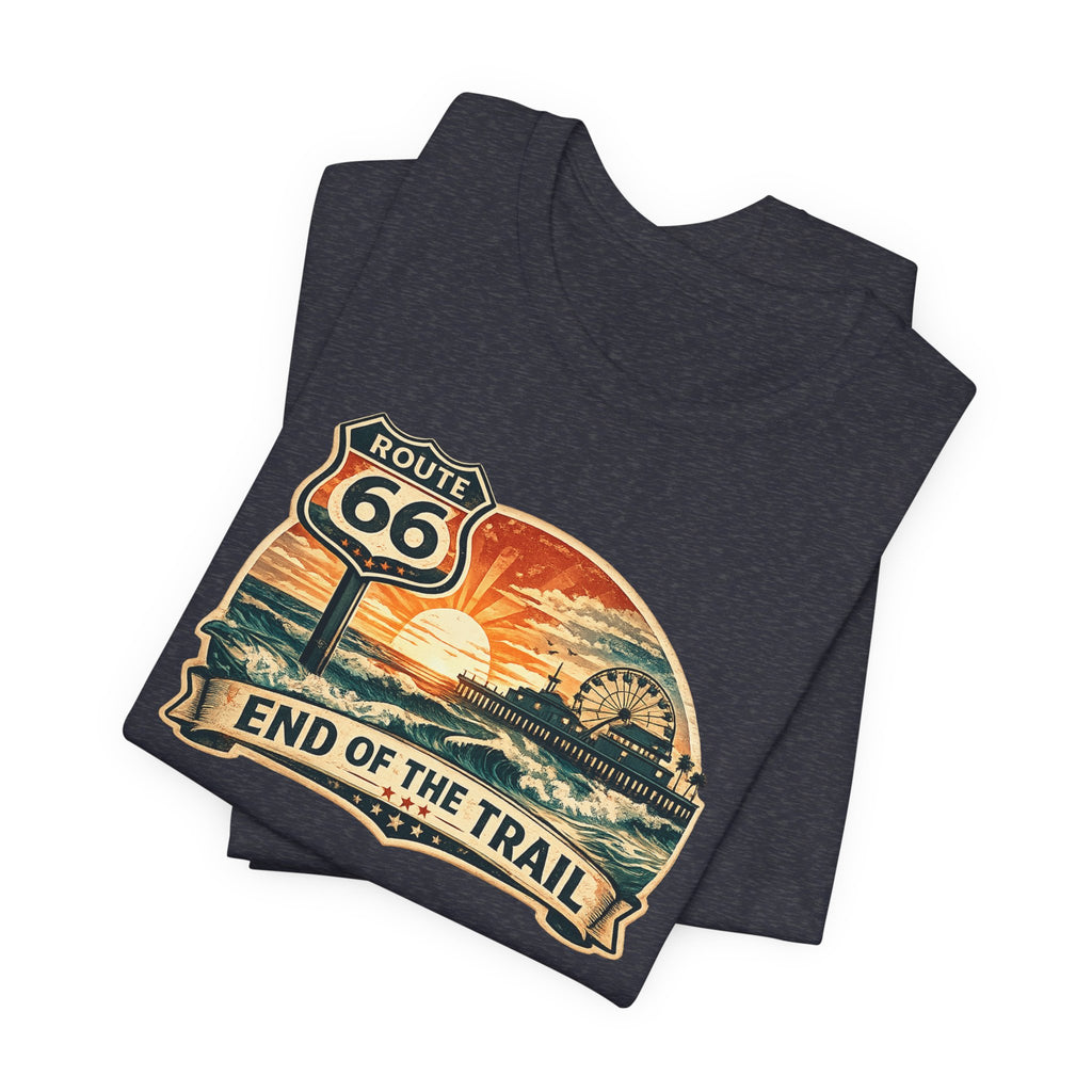 Route 66 End of the Trail T-Shirt, Vintage Americana Sunset Pier Graphic Tee, Retro Coastal Road Trip Shirt