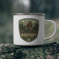 Bigfoot Pine Ridge Camp Badge Enamel Mug | Sasquatch Camping Outdoors