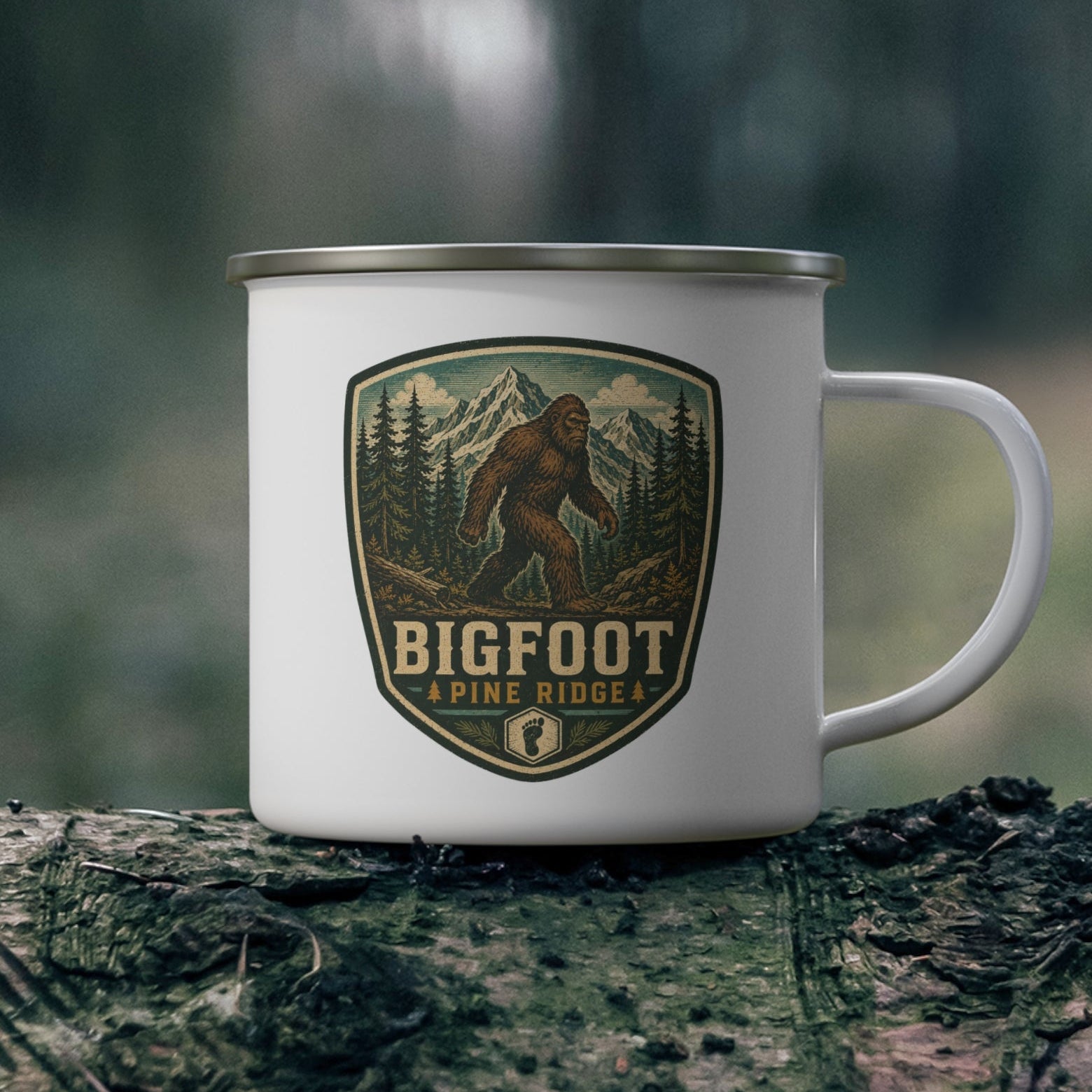Bigfoot Pine Ridge Camp Badge Enamel Mug | Sasquatch Camping Outdoors