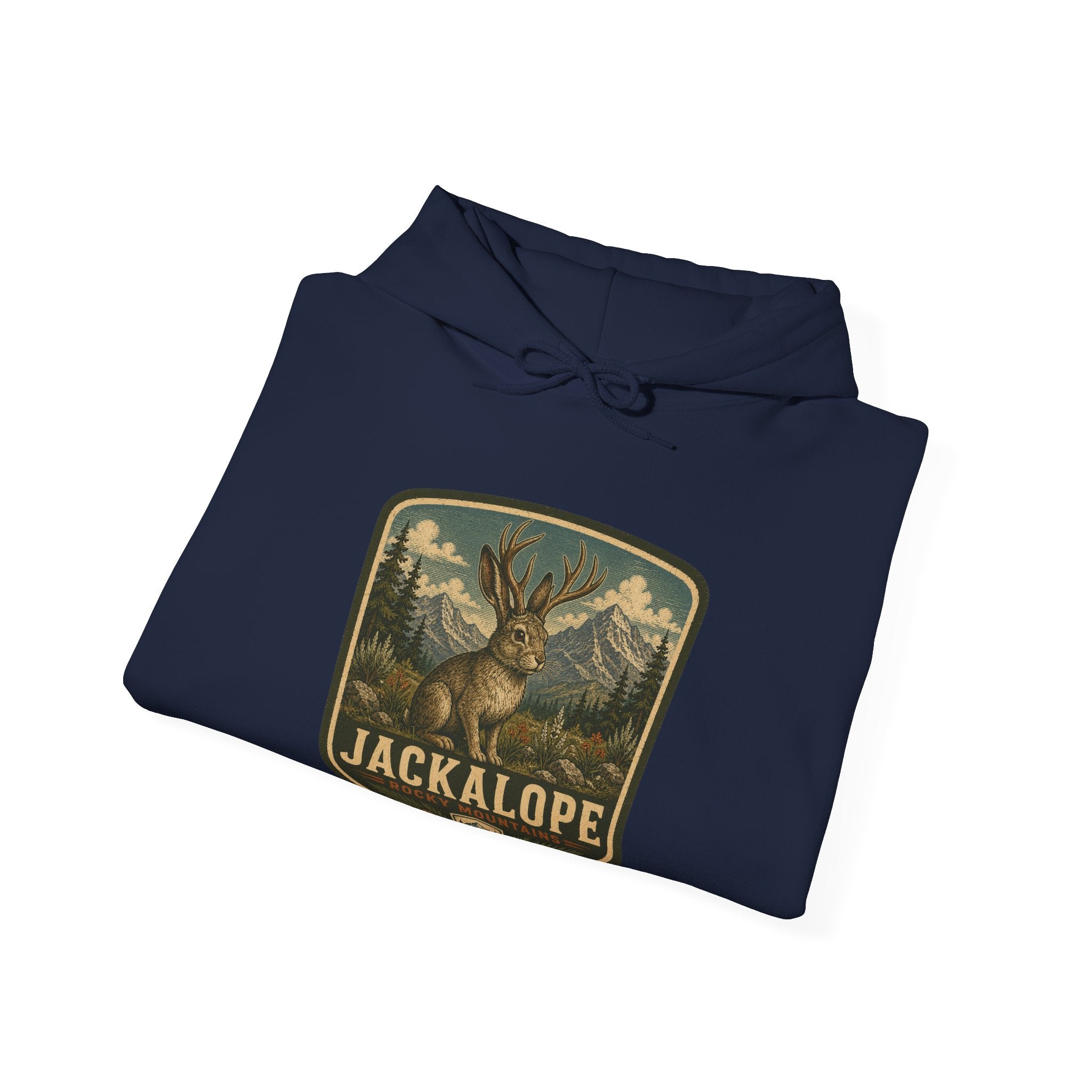 Vintage Jackalope Patch Hoodie, Mountain Wildlife Illustration