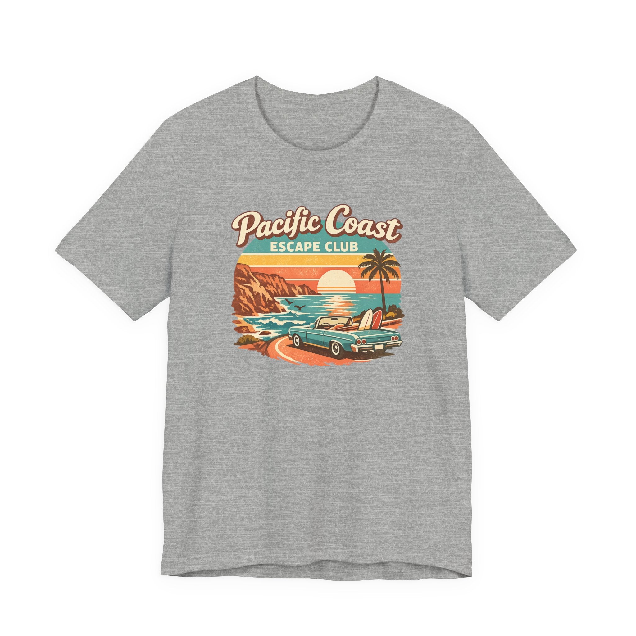 Pacific Coast Escape Club T-Shirt | Vintage Sunset Beach Car Design