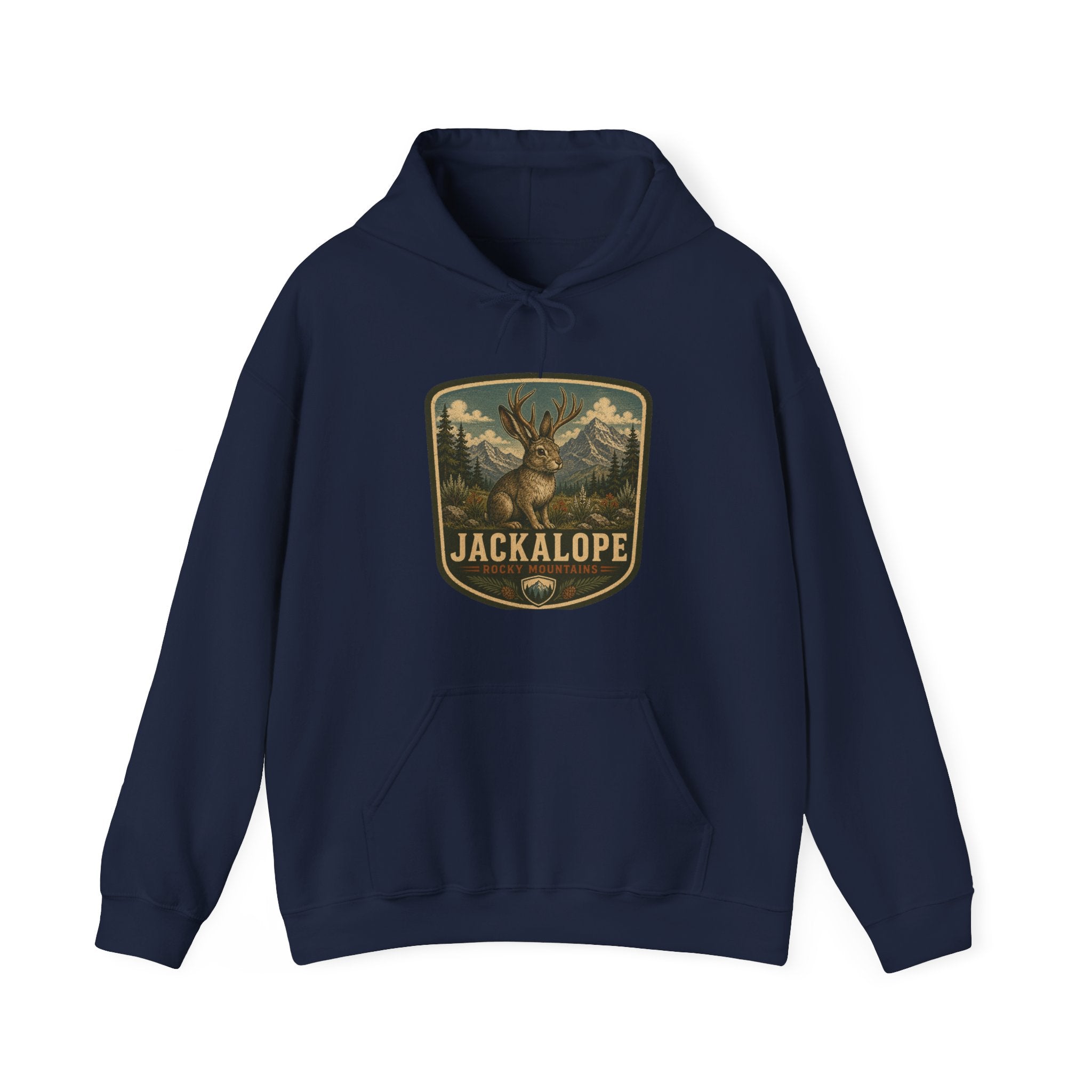 Vintage Jackalope Patch Hoodie, Mountain Wildlife Illustration