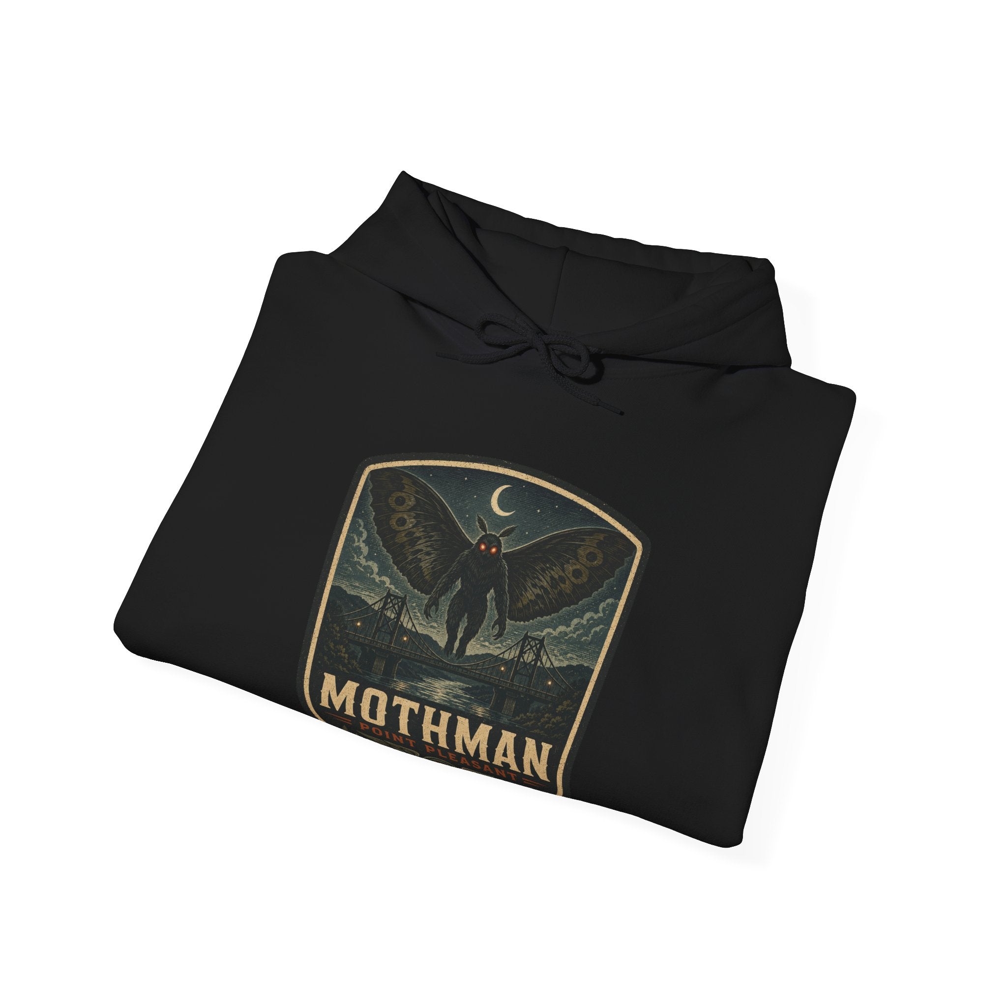 Mothman Badge Hoodie, Cryptid Nightscape Pullover