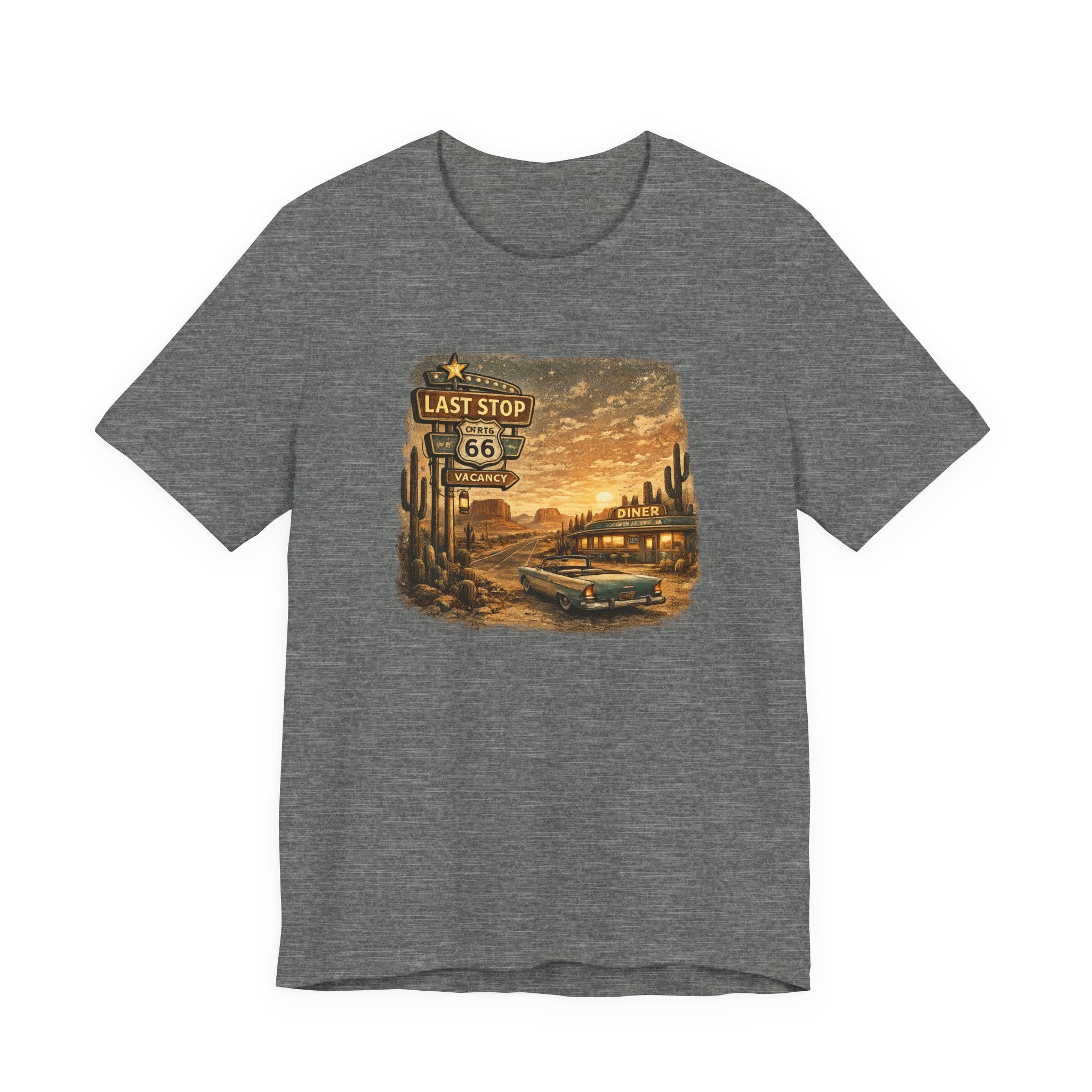 Route 66 Last Stop, T-Shirt | Desert Sunset Diner Highway Scene