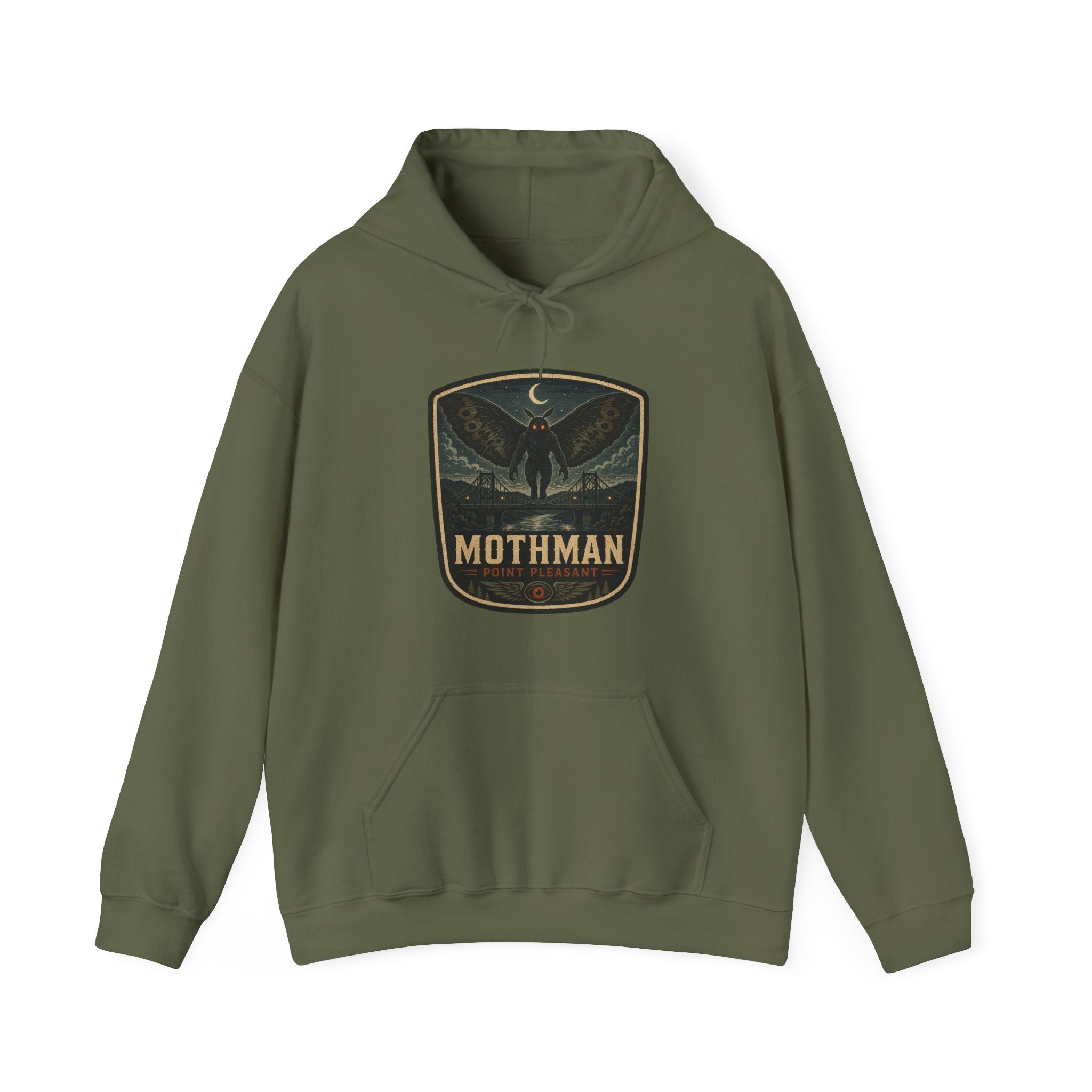 Mothman Badge Hoodie, Cryptid Nightscape Pullover