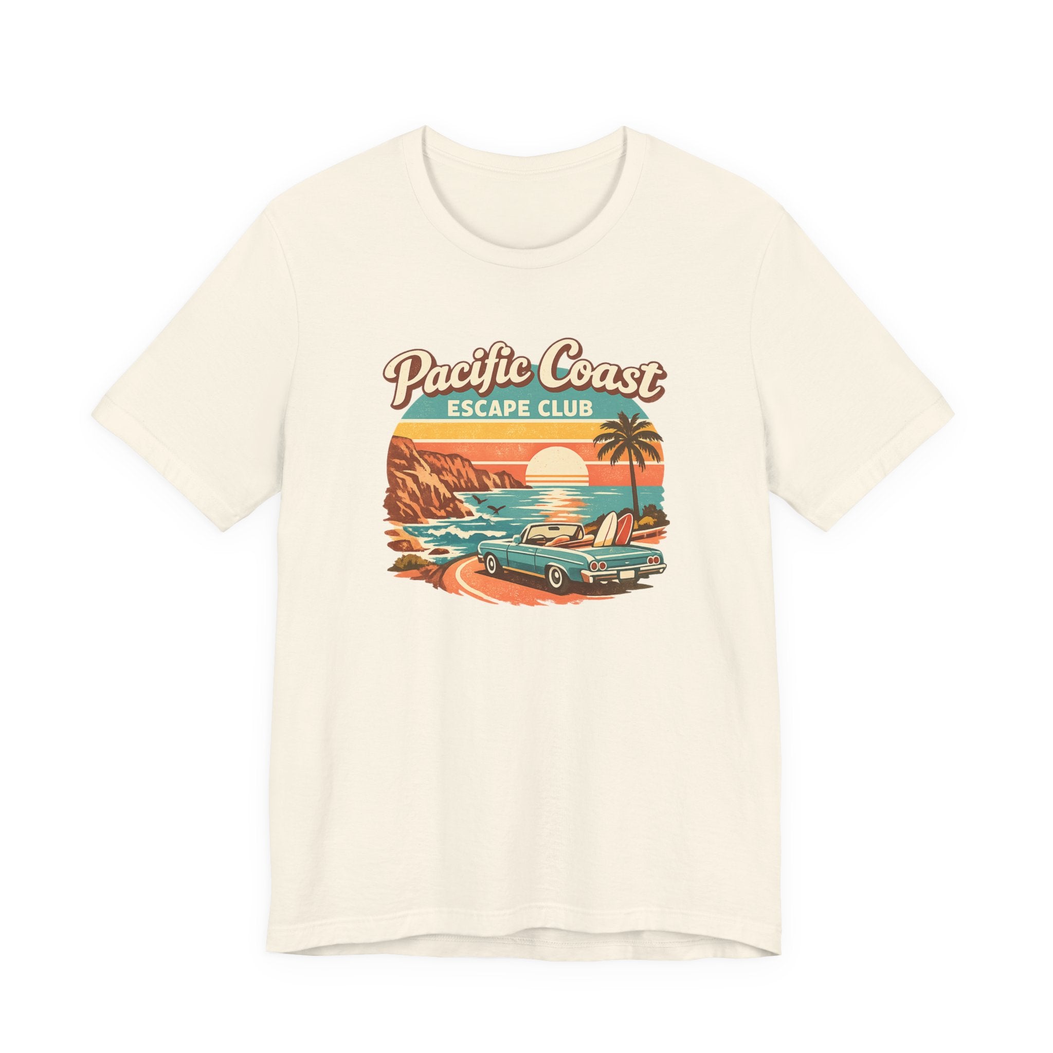 Pacific Coast Escape Club T-Shirt | Vintage Sunset Beach Car Design