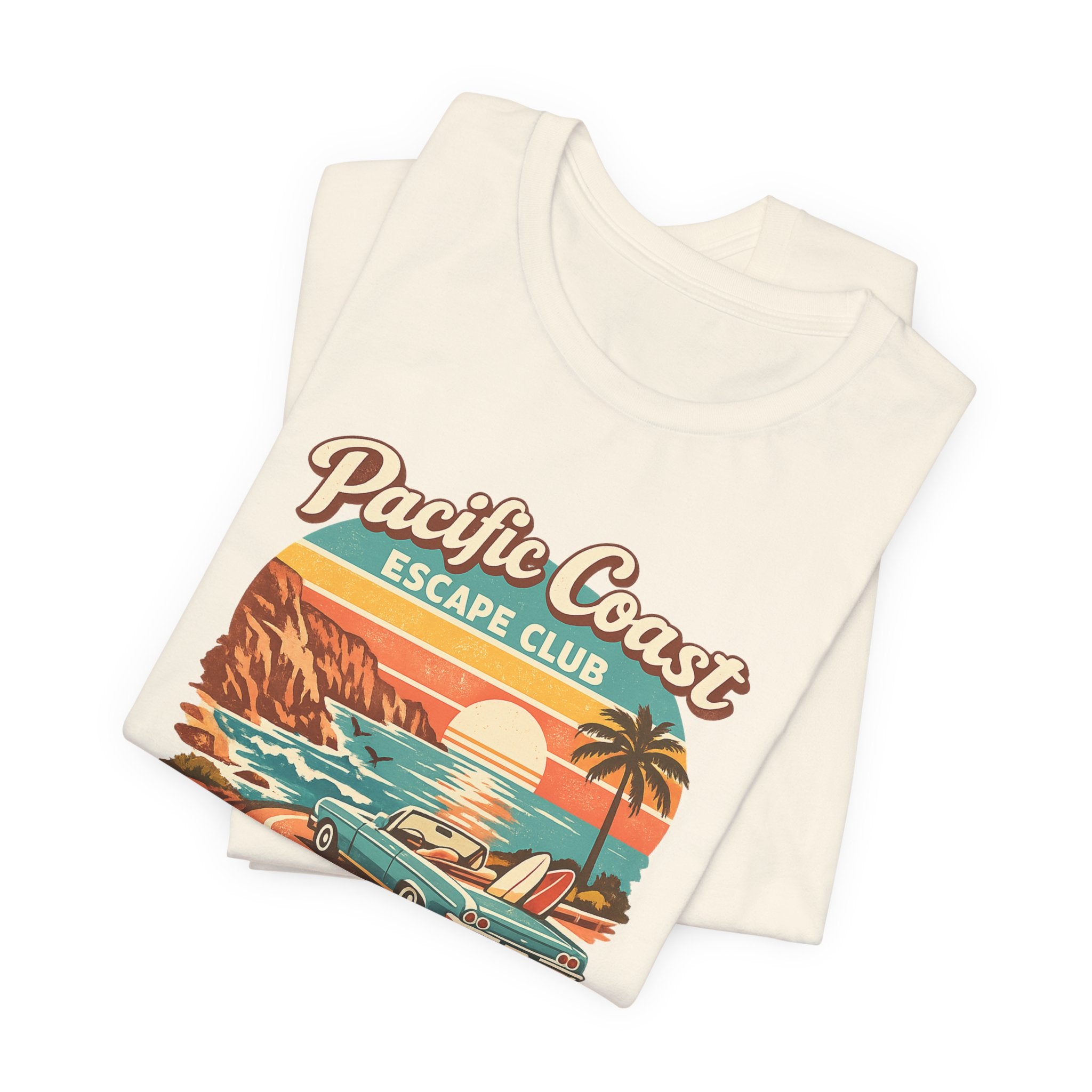 Pacific Coast Escape Club T-Shirt | Vintage Sunset Beach Car Design