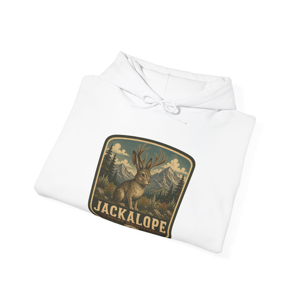 Vintage Jackalope Patch Hoodie, Mountain Wildlife Illustration