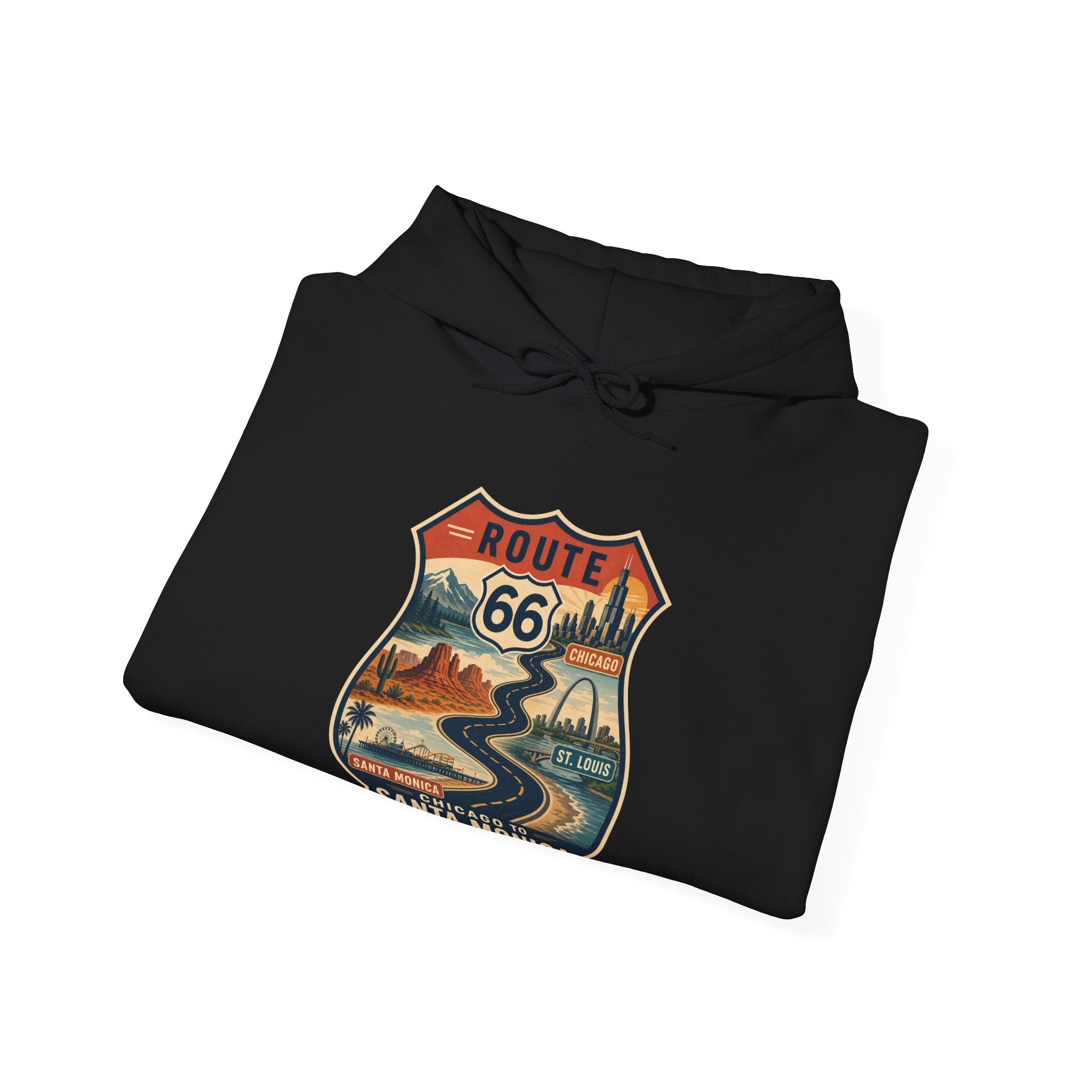 Route 66 Santa Monica Shield hoodie, Vintage road trip graphic