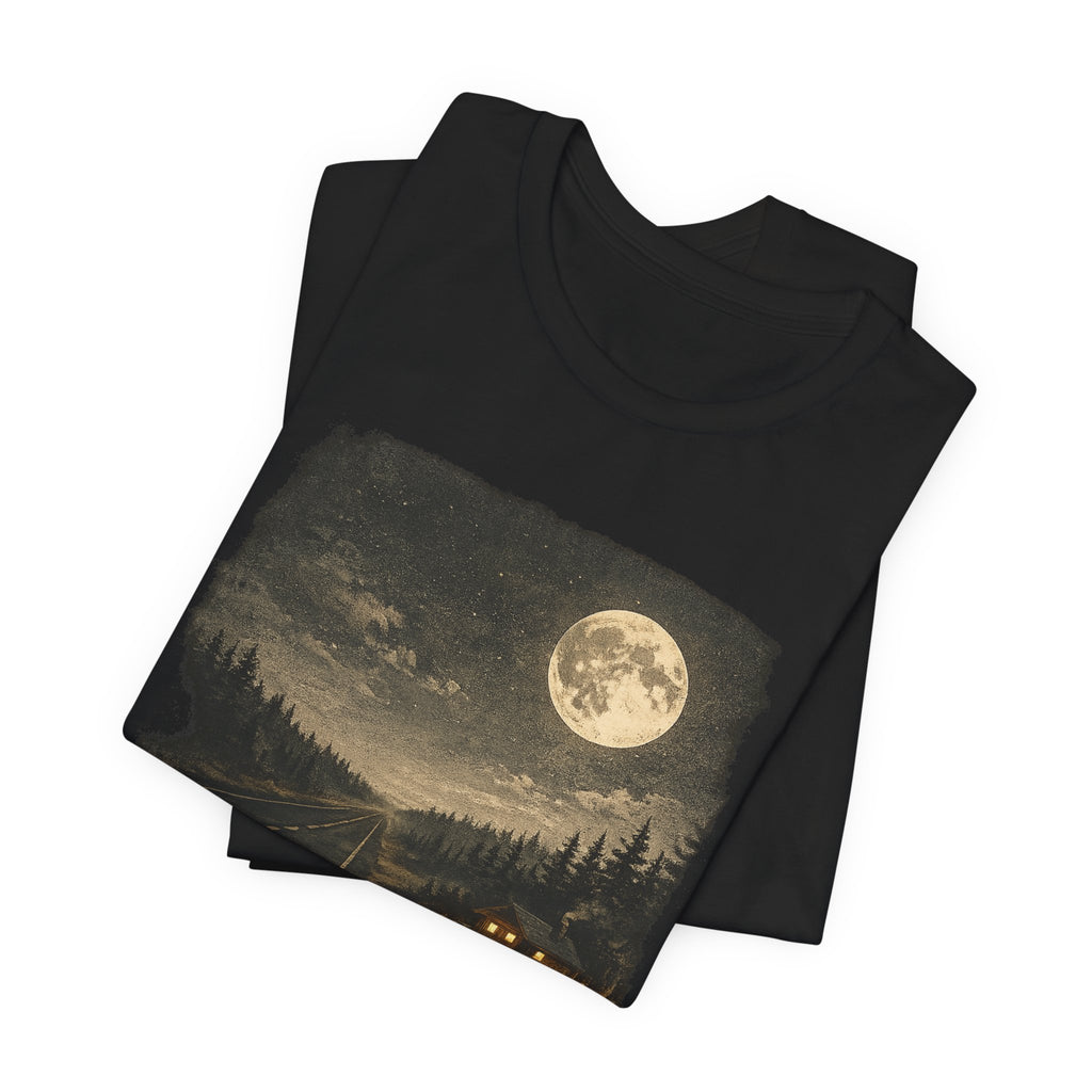 Full Moon Cabin Road T-Shirt, Night Forest Moonlight Scene