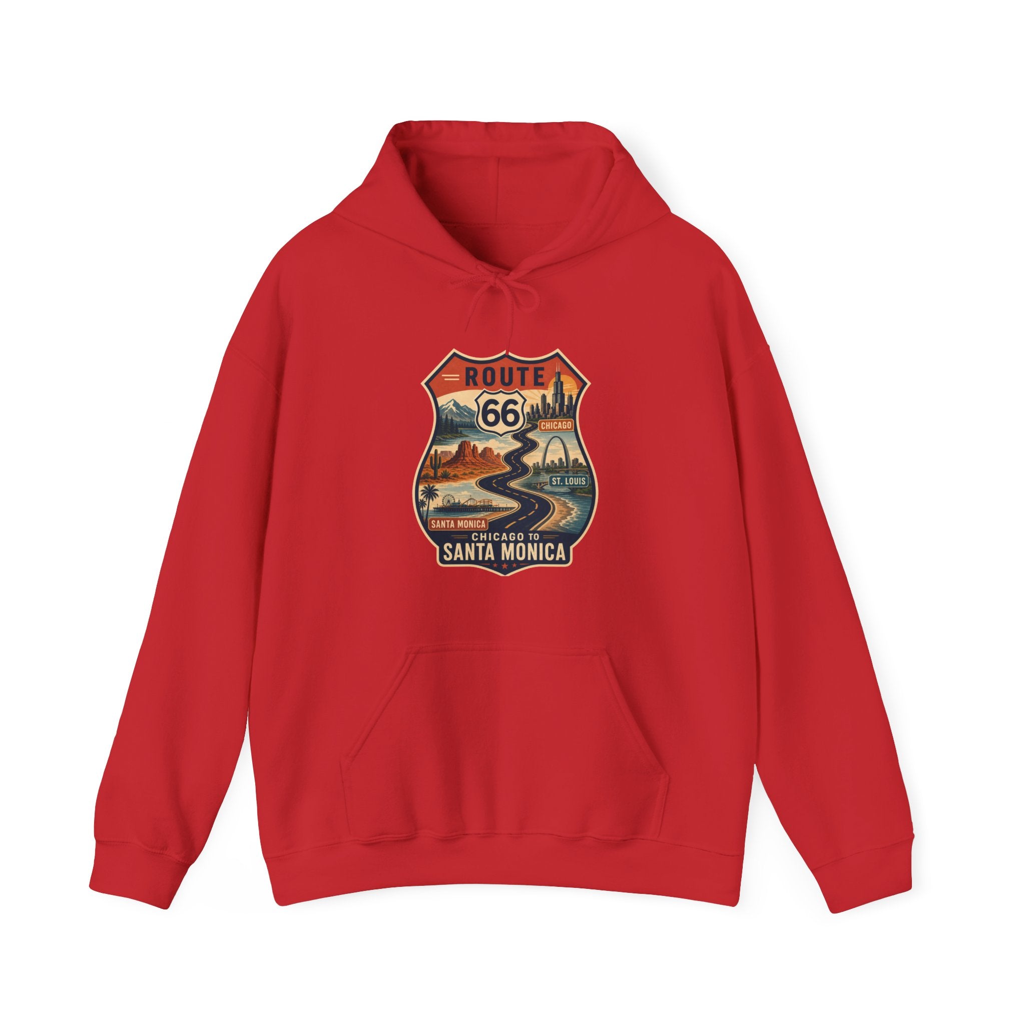 Route 66 Santa Monica Shield hoodie, Vintage road trip graphic