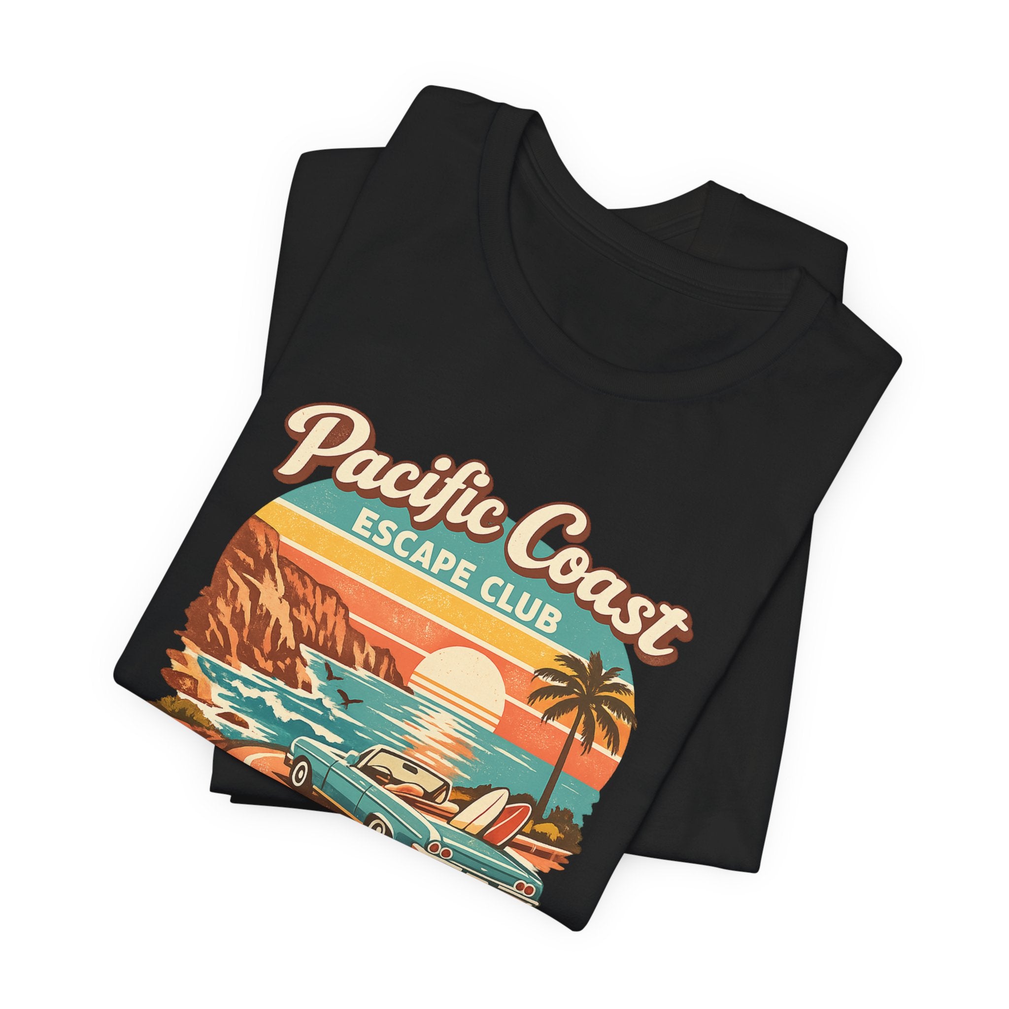 Pacific Coast Escape Club T-Shirt | Vintage Sunset Beach Car Design