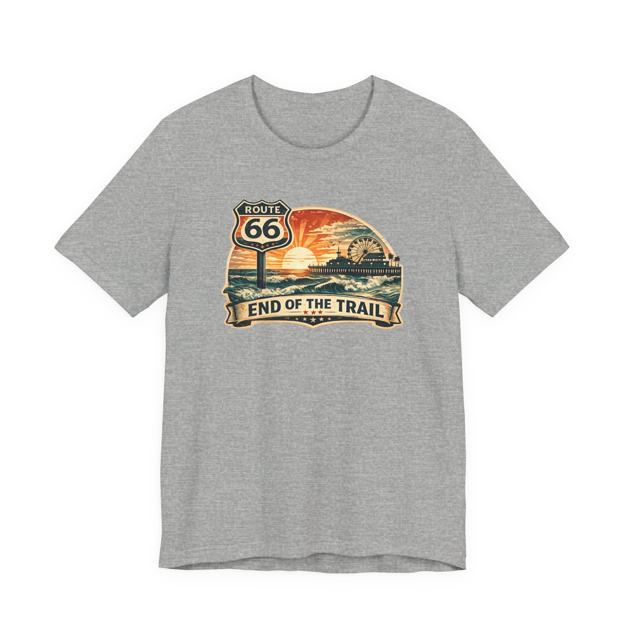 Route 66 End of the Trail T-Shirt, Vintage Americana Sunset Pier Graphic Tee, Retro Coastal Road Trip Shirt