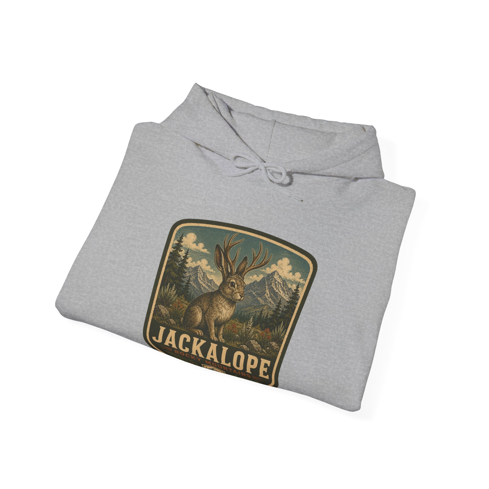 Vintage Jackalope Patch Hoodie, Mountain Wildlife Illustration