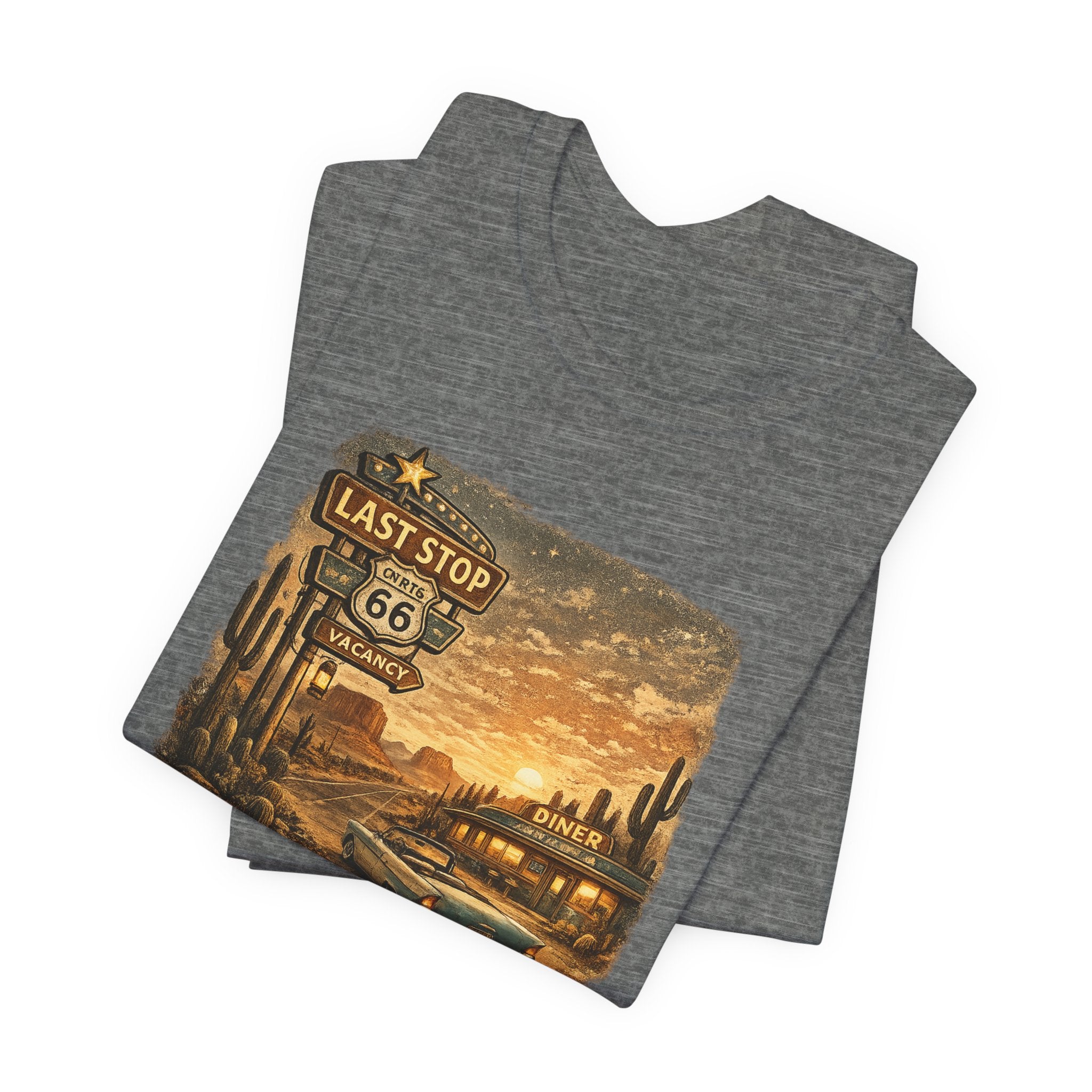 Route 66 Last Stop, T-Shirt | Desert Sunset Diner Highway Scene