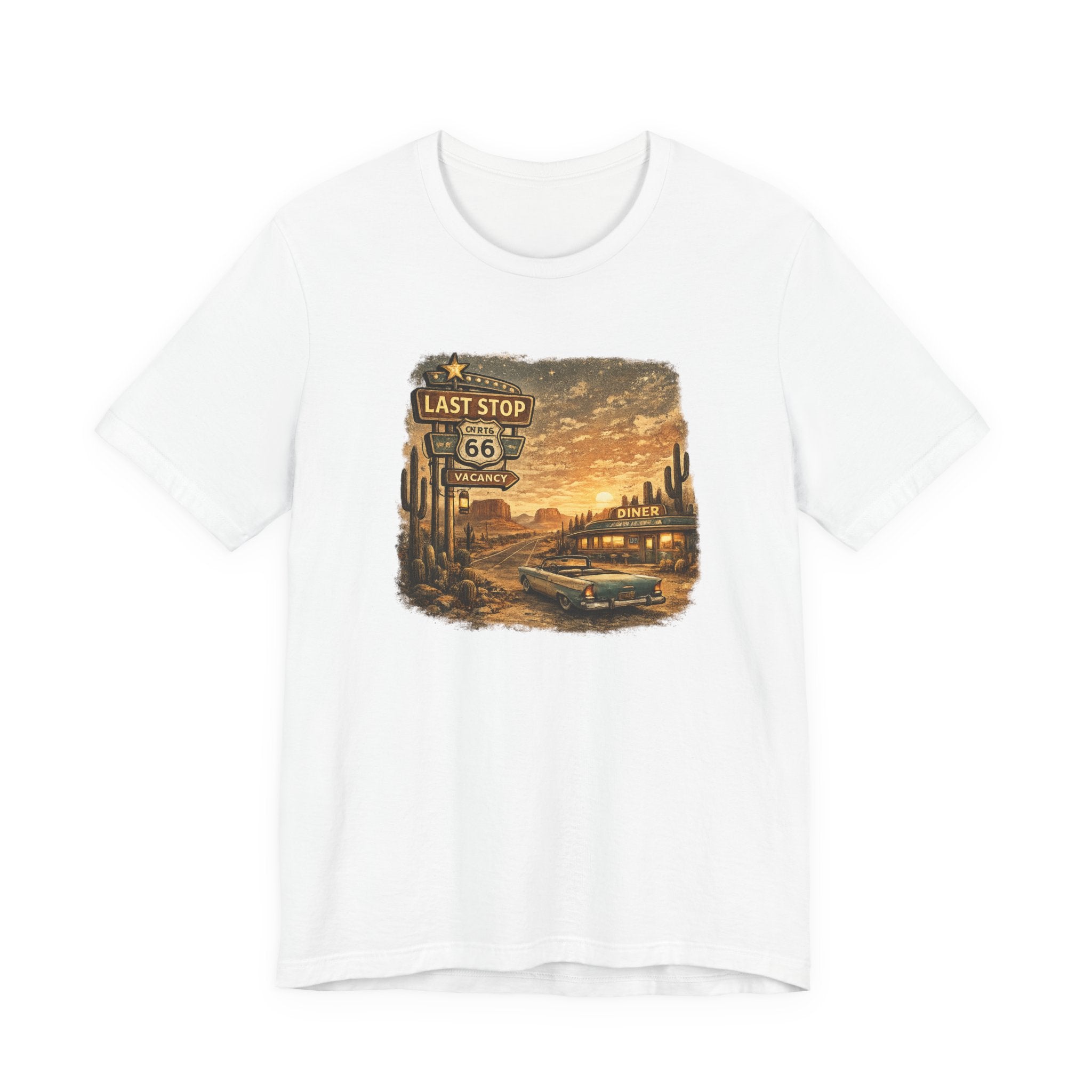 Route 66 Last Stop, T-Shirt | Desert Sunset Diner Highway Scene