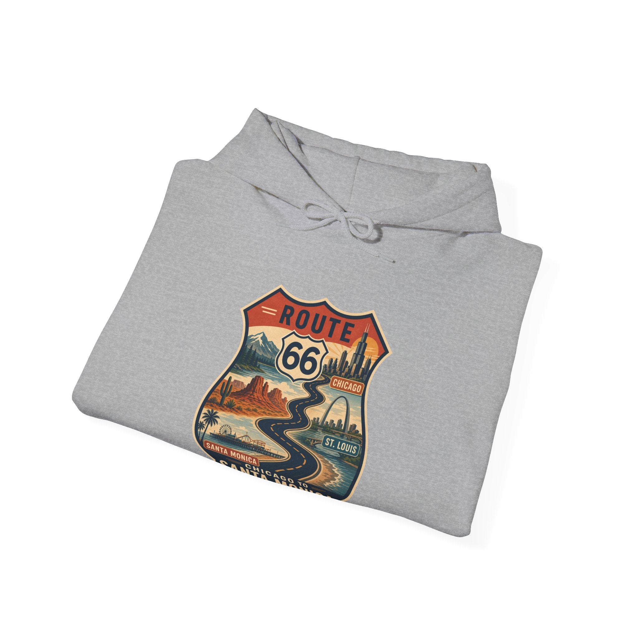Route 66 Santa Monica Shield hoodie, Vintage road trip graphic