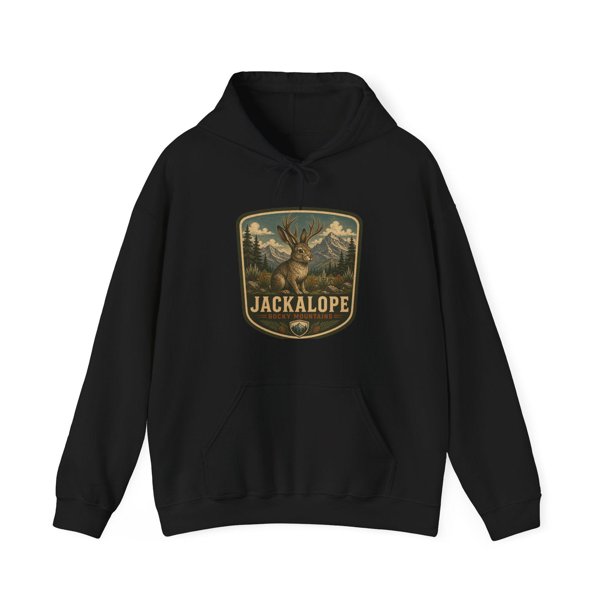 Vintage Jackalope Patch Hoodie, Mountain Wildlife Illustration