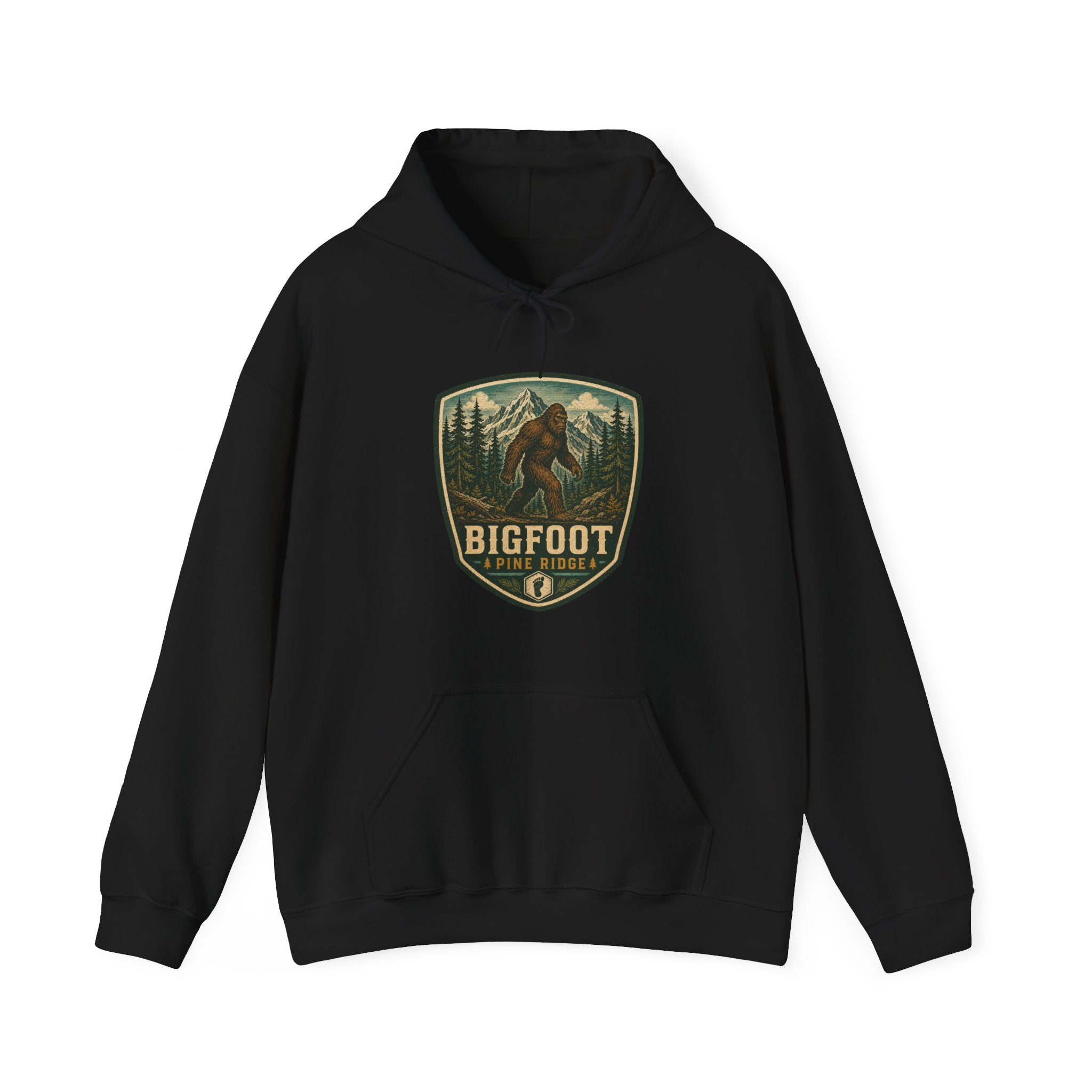 Bigfoot Forest Patch Hoodie, Sasquatch Camping Design