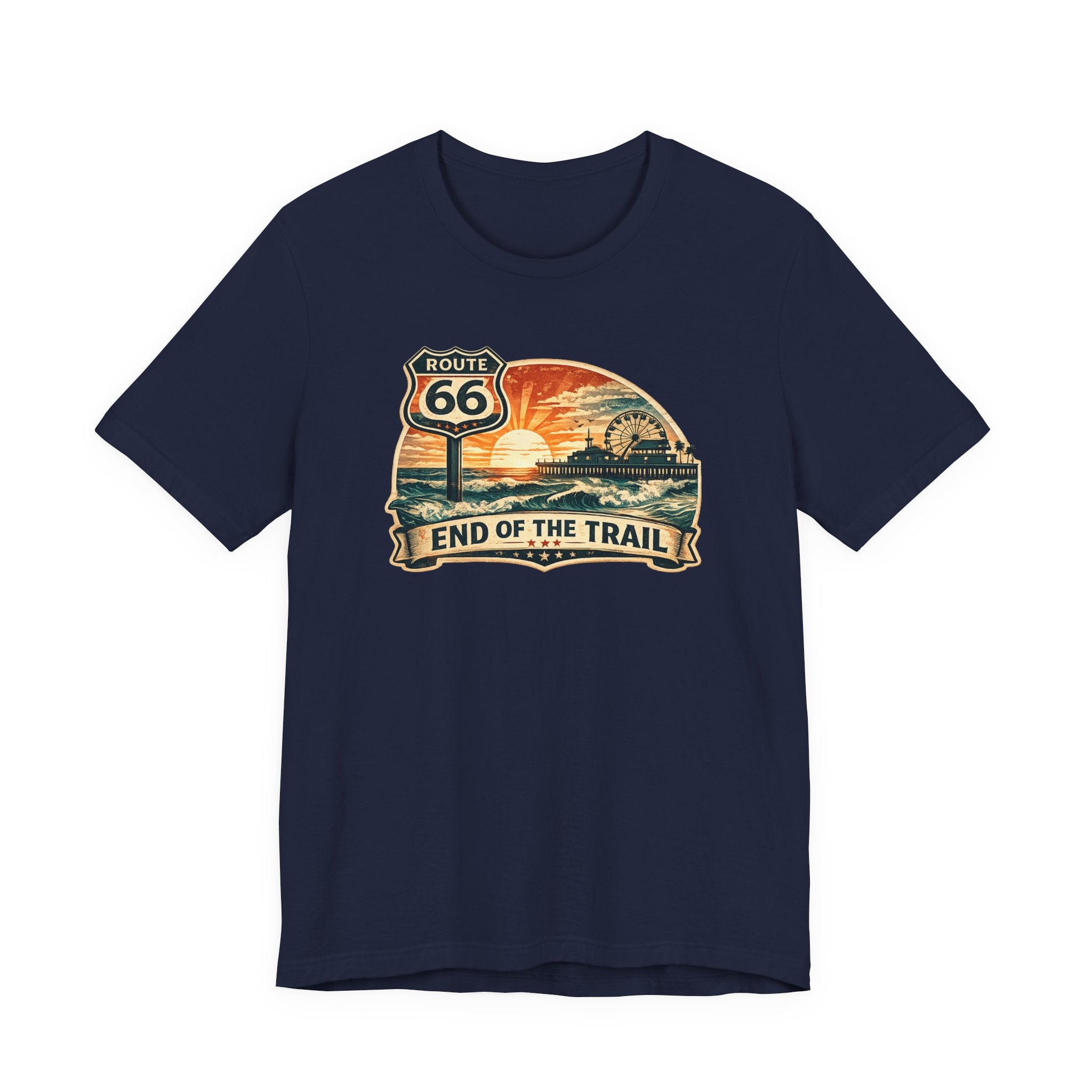 Route 66 End of the Trail T-Shirt, Vintage Americana Sunset Pier Graphic Tee, Retro Coastal Road Trip Shirt