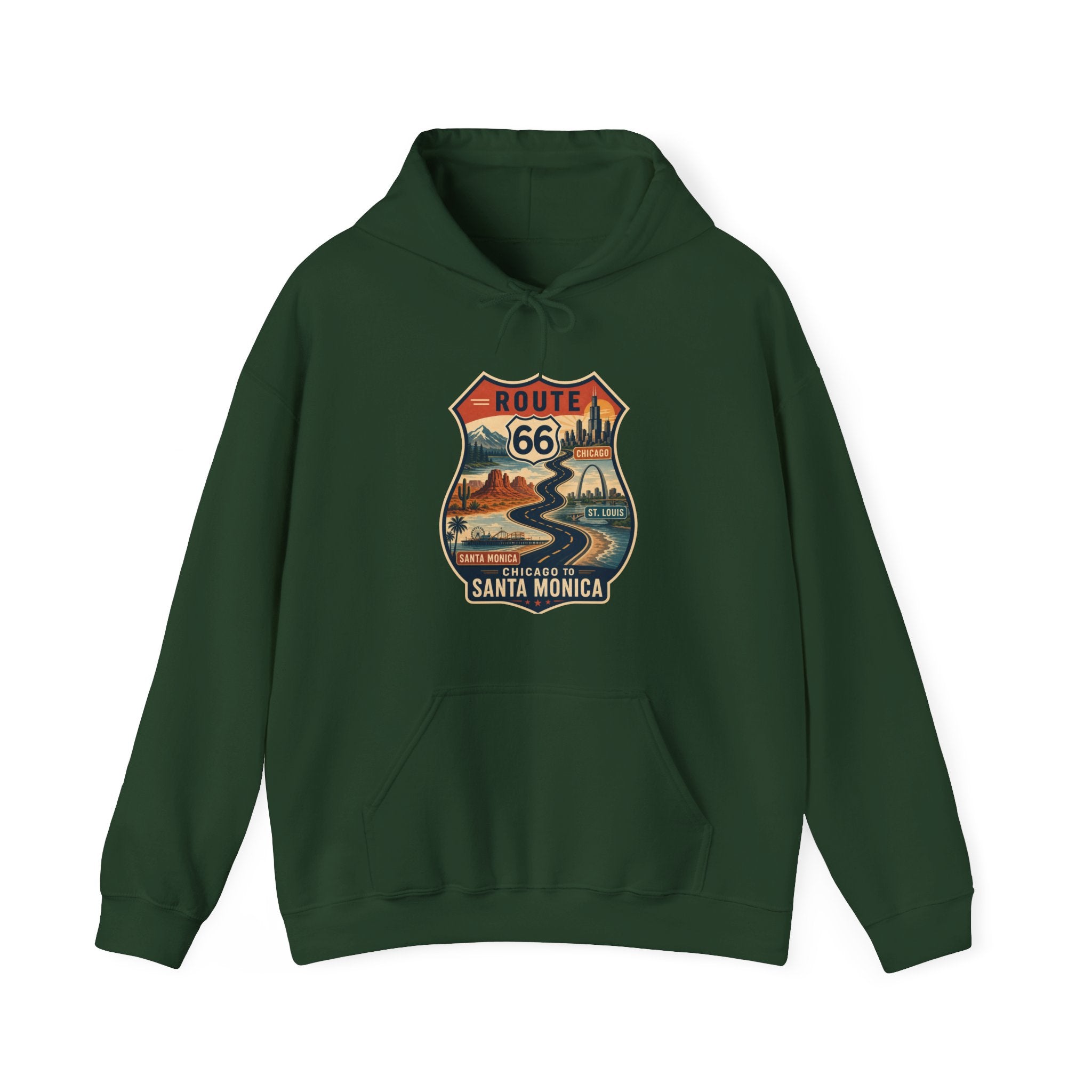 Route 66 Santa Monica Shield hoodie, Vintage road trip graphic