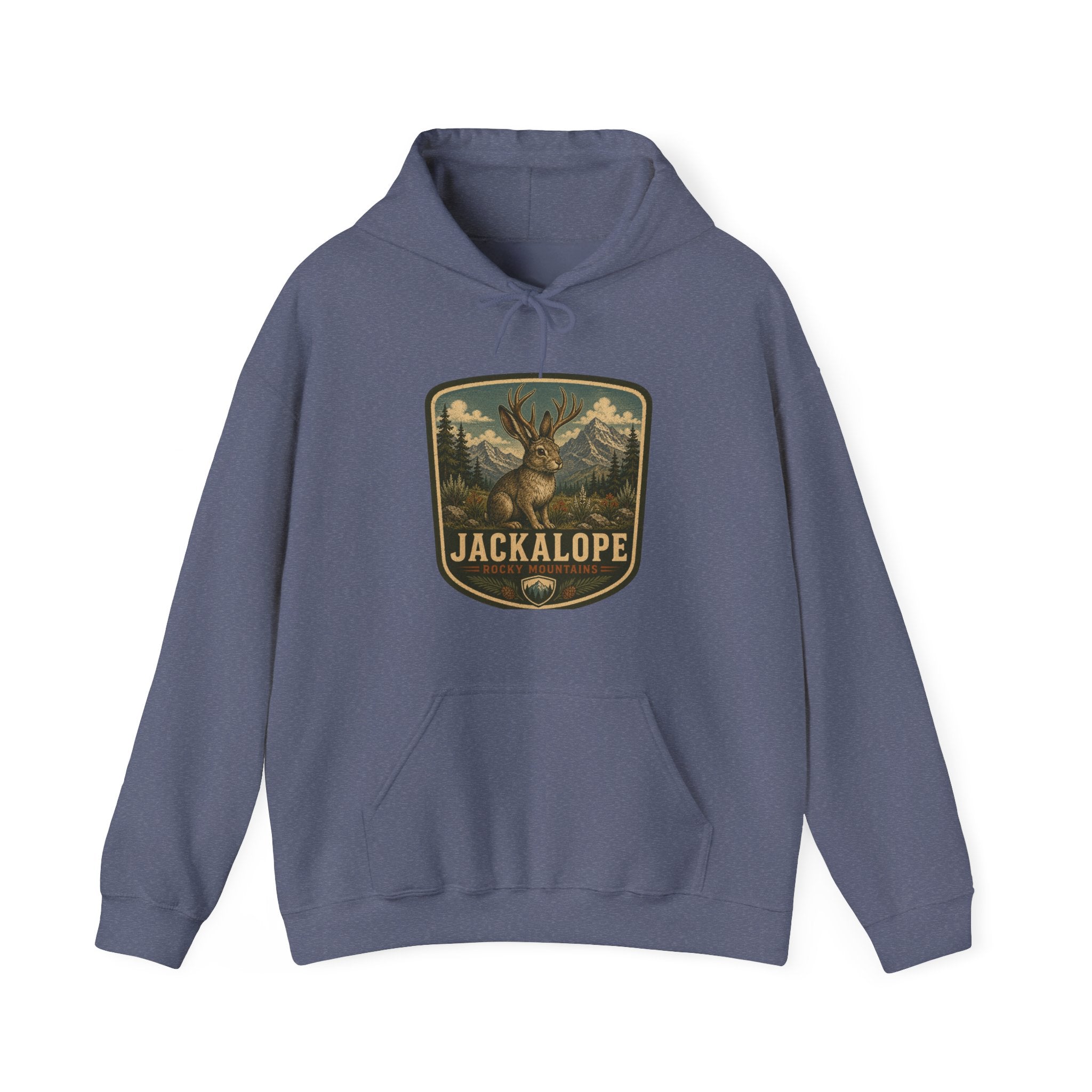 Vintage Jackalope Patch Hoodie, Mountain Wildlife Illustration