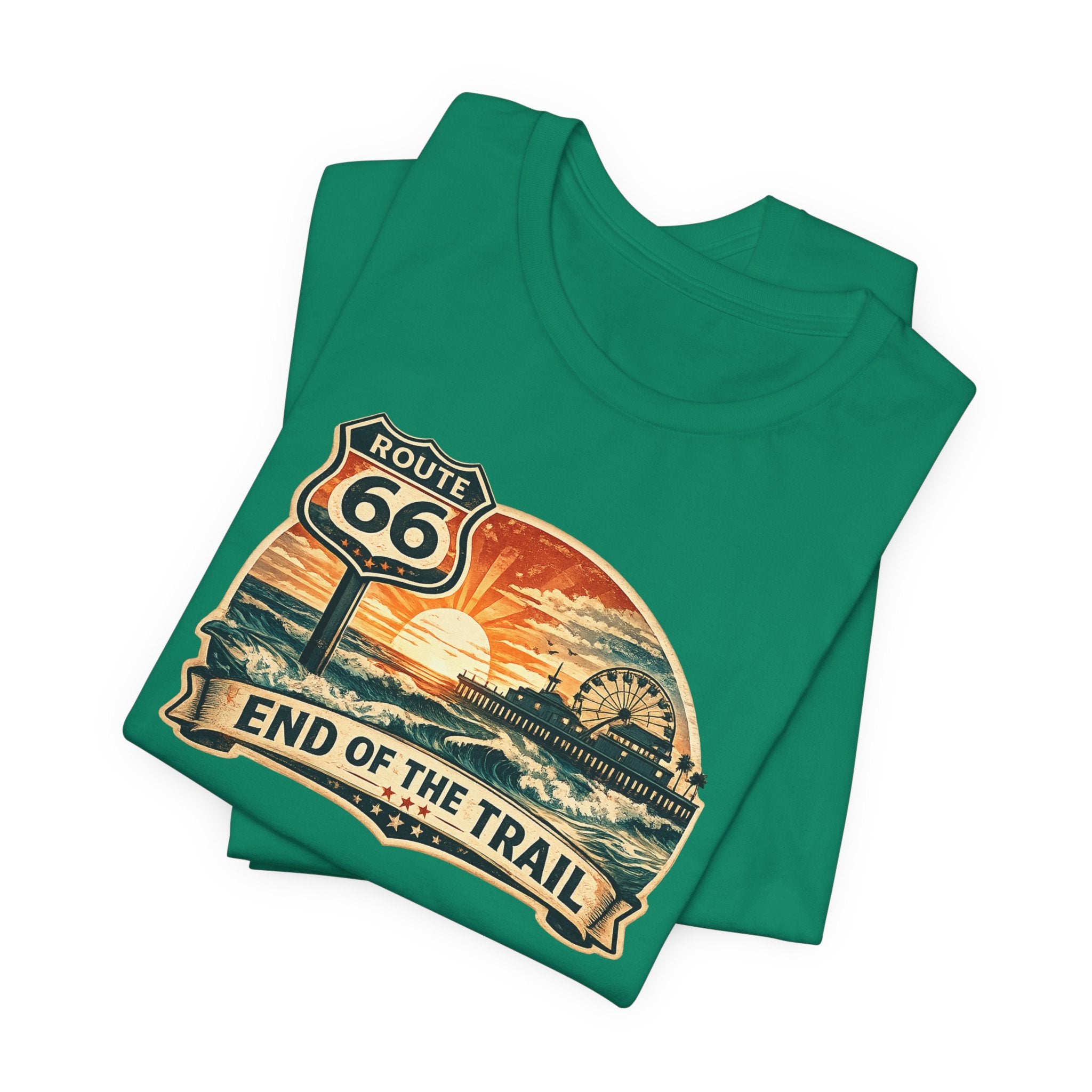 Route 66 End of the Trail T-Shirt, Vintage Americana Sunset Pier Graphic Tee, Retro Coastal Road Trip Shirt