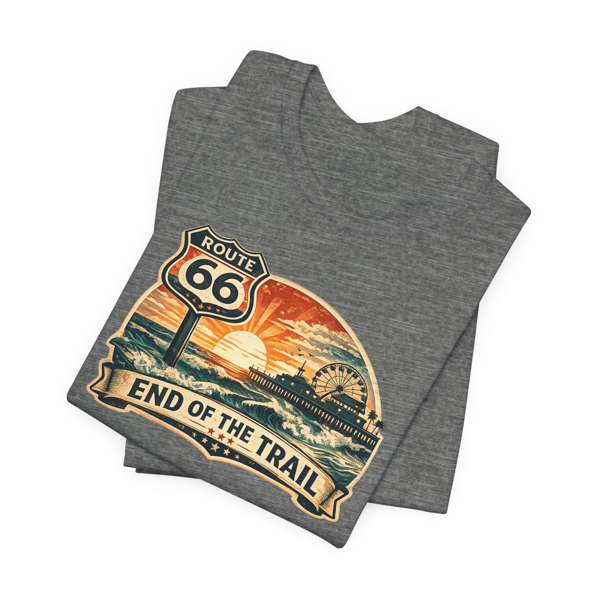 Route 66 End of the Trail T-Shirt, Vintage Americana Sunset Pier Graphic Tee, Retro Coastal Road Trip Shirt