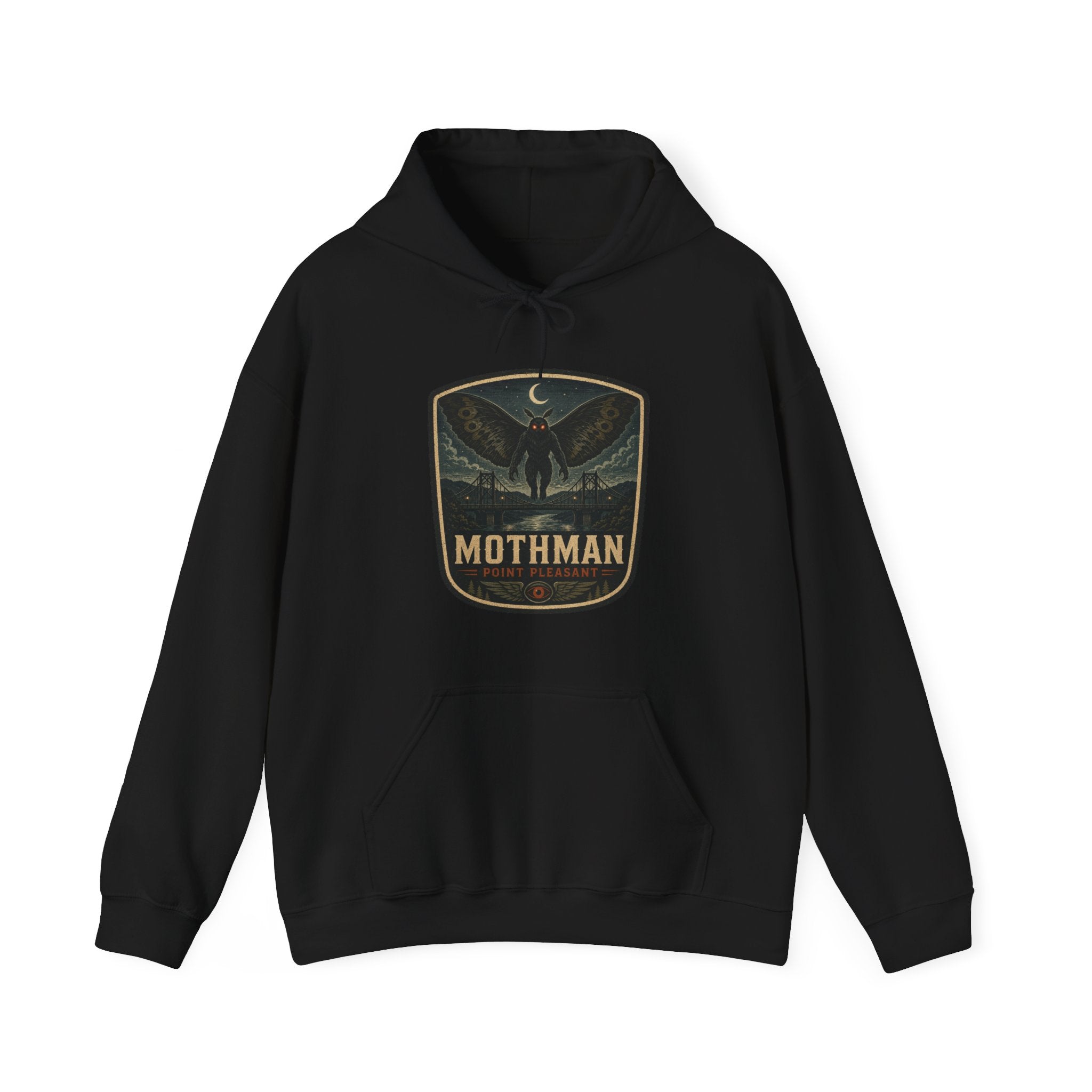 Mothman Badge Hoodie, Cryptid Nightscape Pullover