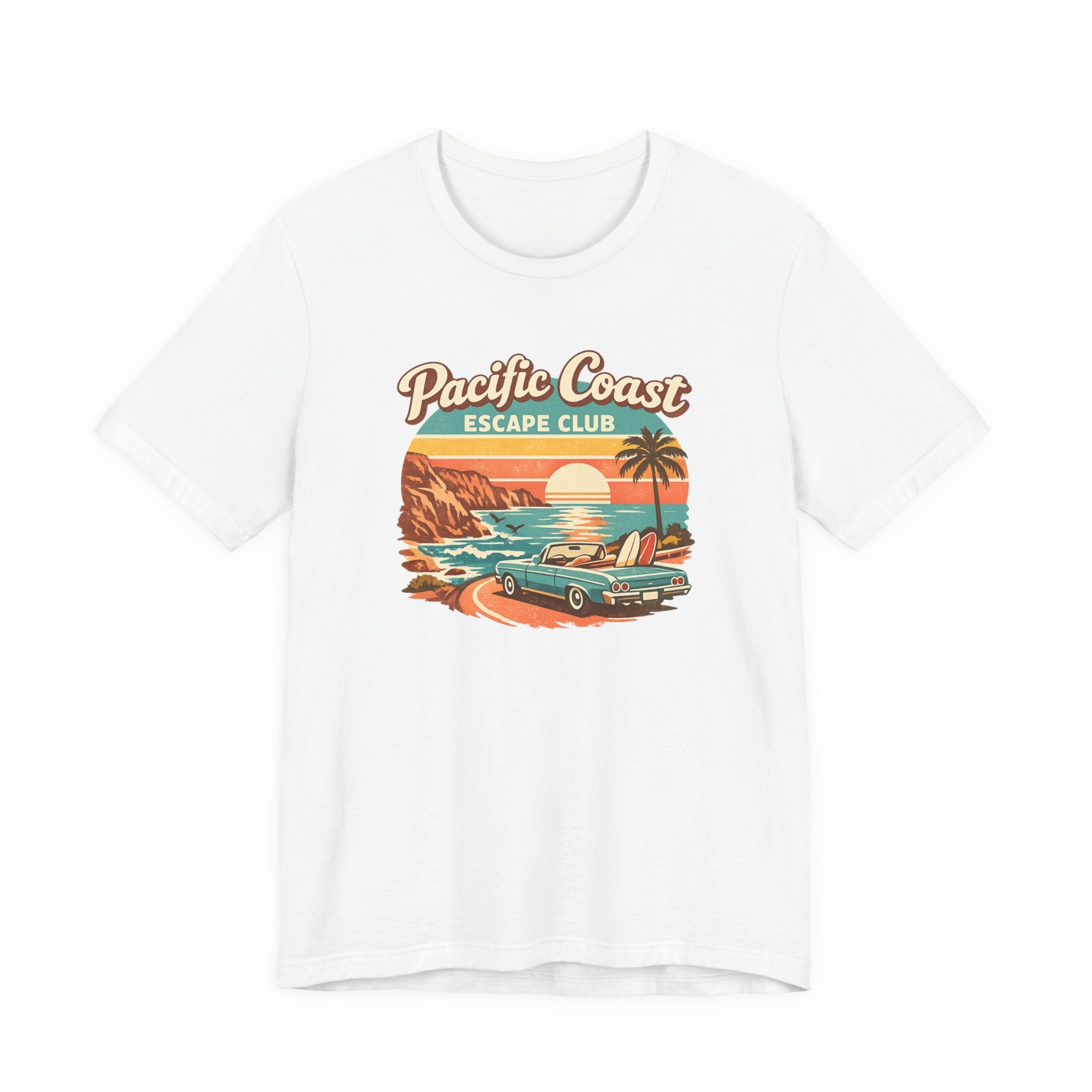 Pacific Coast Escape Club T-Shirt | Vintage Sunset Beach Car Design