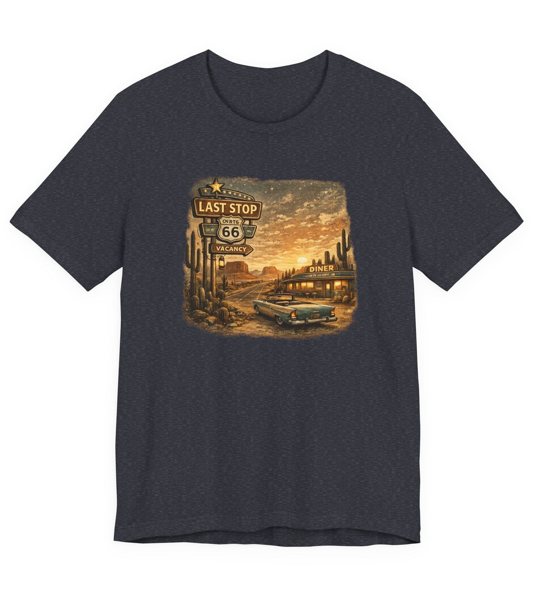 Route 66 Last Stop, T-Shirt | Desert Sunset Diner Highway Scene