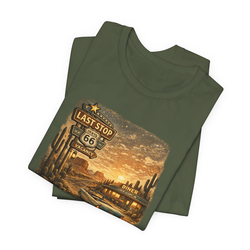 Route 66 Last Stop, T-Shirt | Desert Sunset Diner Highway Scene