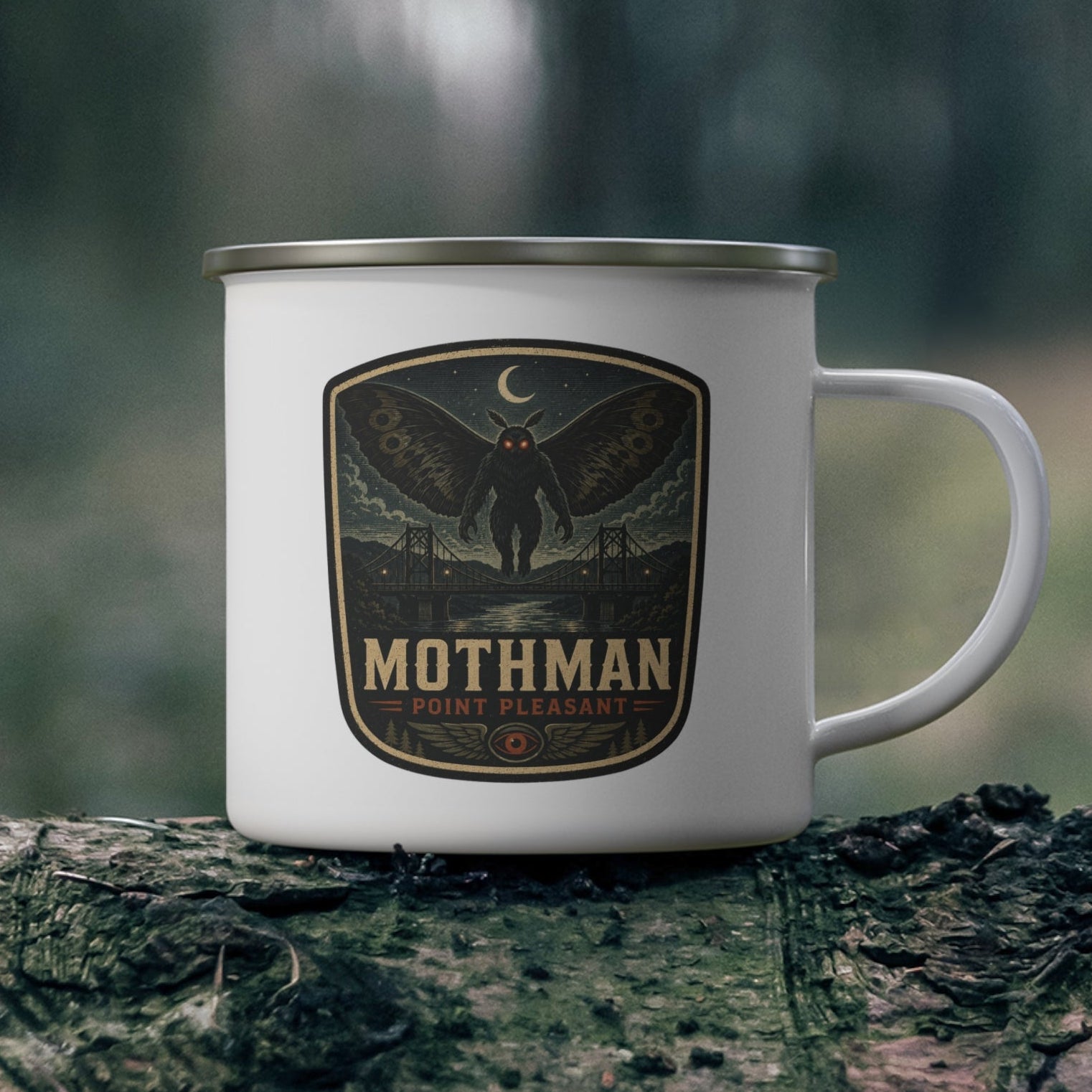 Mothman Badge Enamel Camping Mug | Point Pleasant, Cryptid Illustration